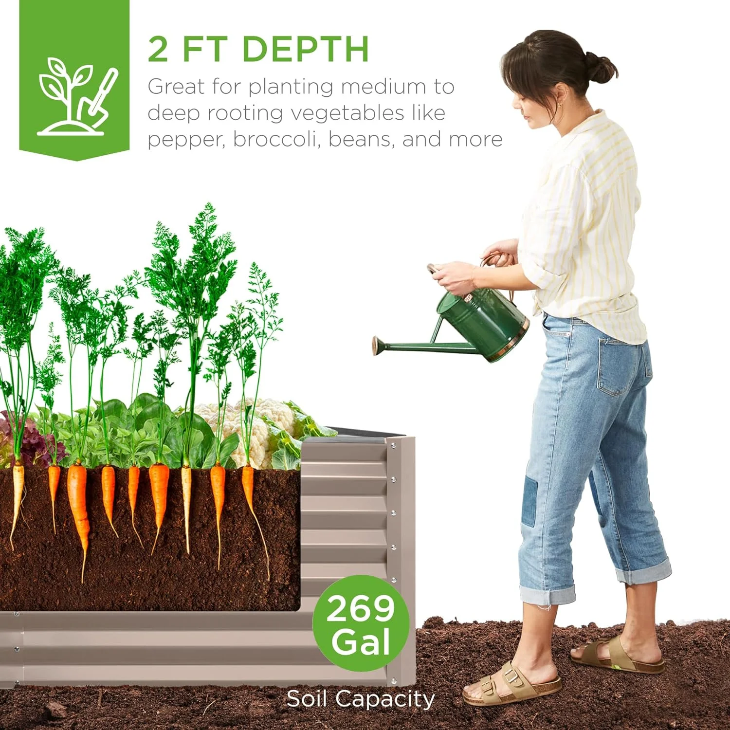 6x3x2ft Outdoor Metal Raised Garden Bed, Deep Root Box Planter for Vegetables, Flowers, Herbs, and Succulents w/ 269 Gallon Capacity - Taupe