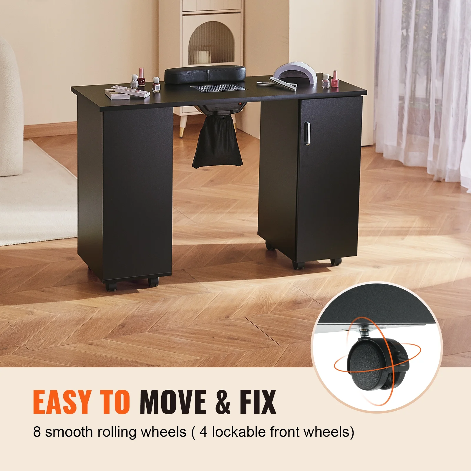 SKYSHALO Manicure Table Nail Desk for Nail Tech, Nail Table Beauty Salon Tech Station, Moveable Nail Tech Desk with 8 Wheels (4 Lockable), 3 Dust Bag & Wrist Rest, MDF Nail Art Workstation