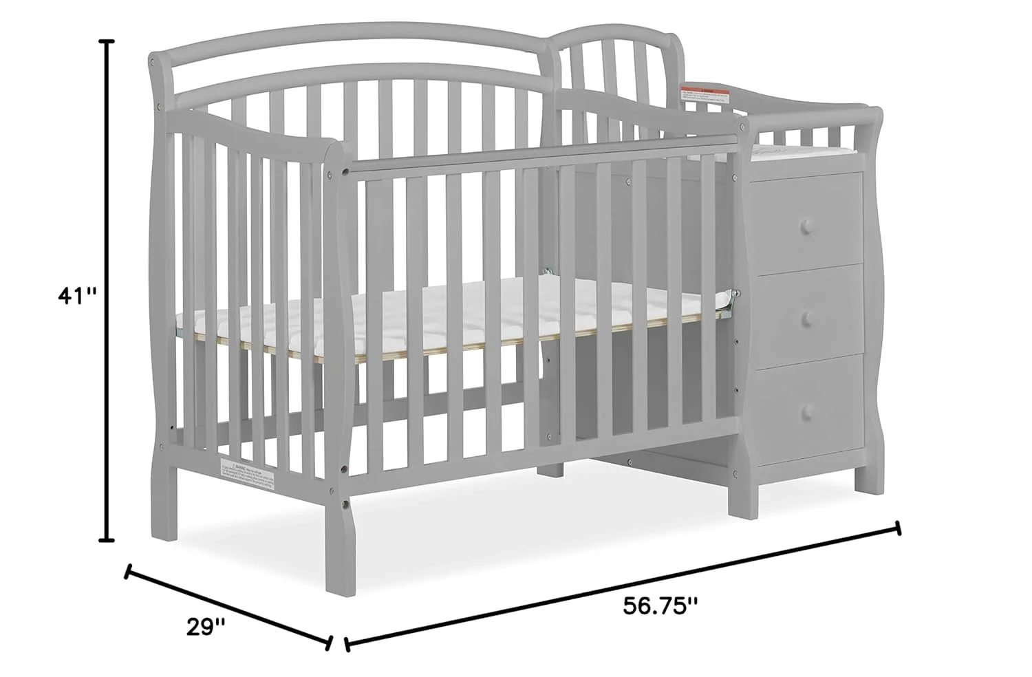 Casco 3-in-1 Mini Crib and Changing Table in Pebble Grey, Convertible Crib, Made of Pinewood, Three Position Adjustable Mattress Height Settings