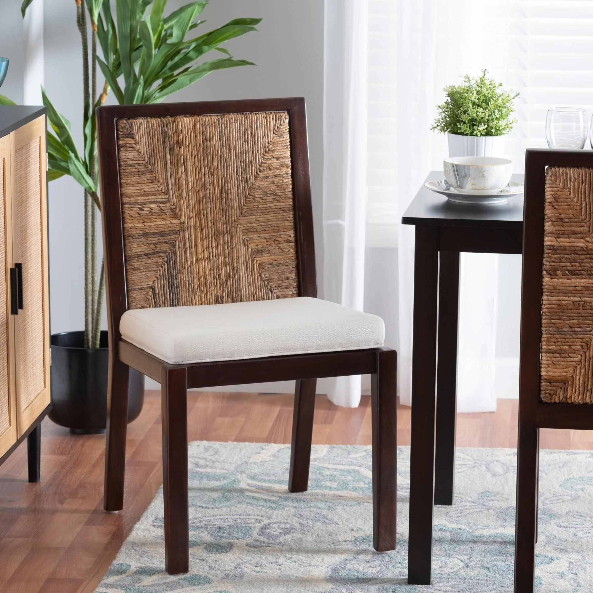 bali & pari Joana Modern Bohemian Dark Brown Mahogany Wood and Natural Abaca Dining Side Chair