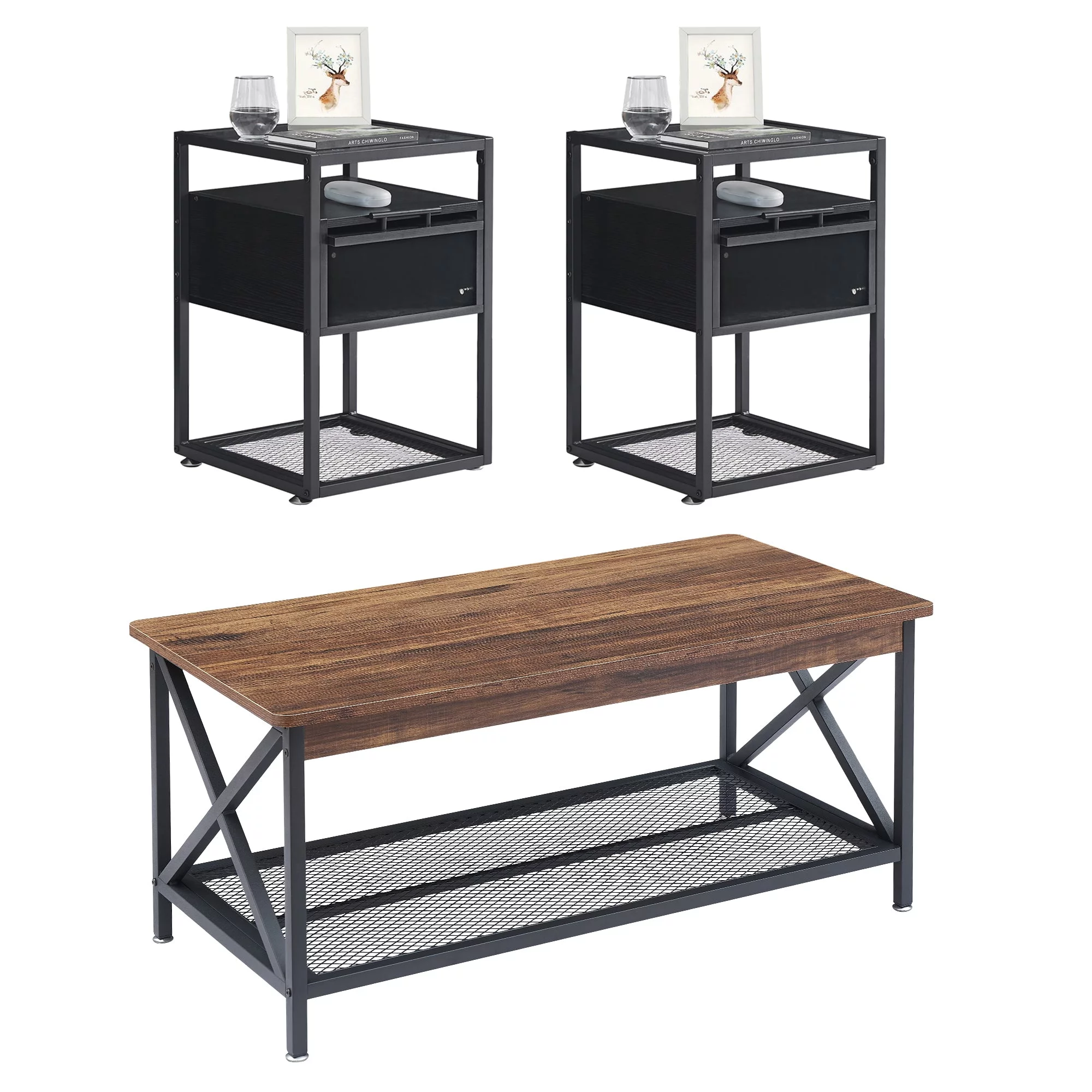 VECELO 3-Piece Occasional Coffee Table Sets for Living Room,  Industrial Coffee Table with Shelf and X Design + 2 Black End Tables with Drawer and Open Shelf