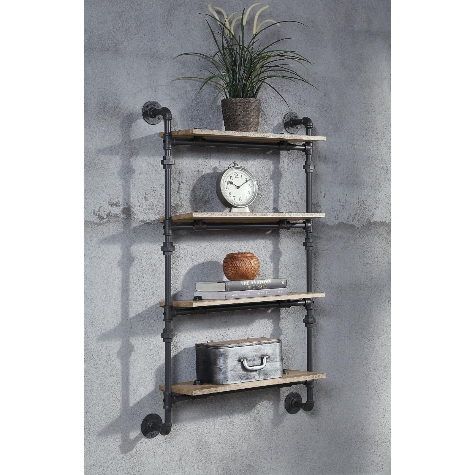 ACME Brantley Wall Rack with 4 Wooden Shelves in Oak and Sandy Black
