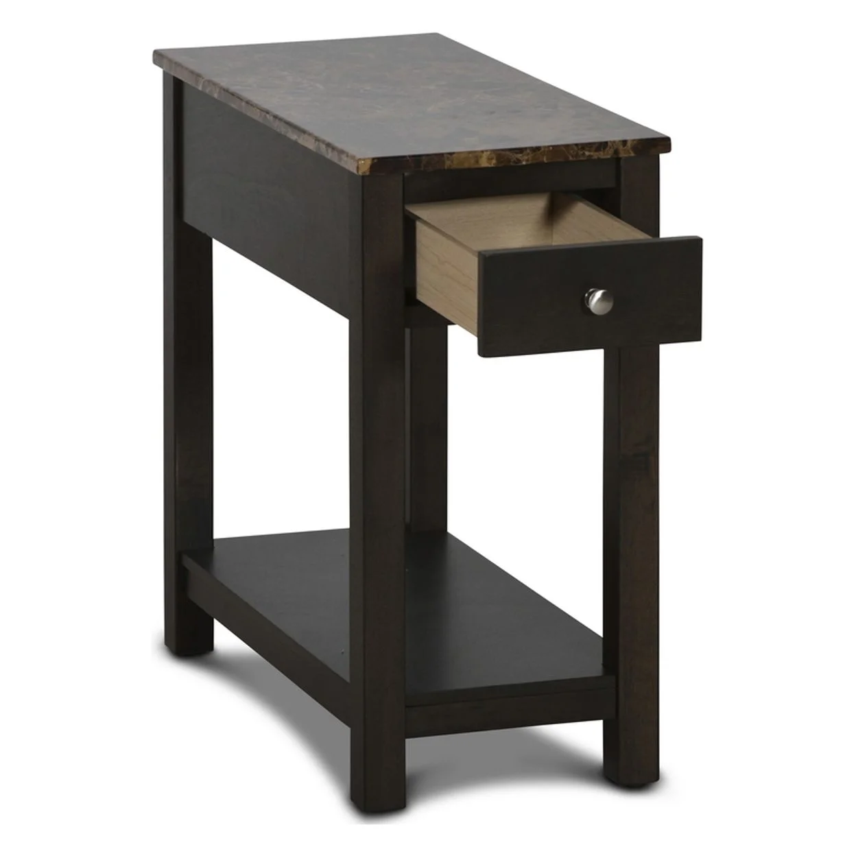 Zeva 24 Inch Narrow Side End Table Faux Marble Top 1 Drawer Brown - Saltoro Sherpi