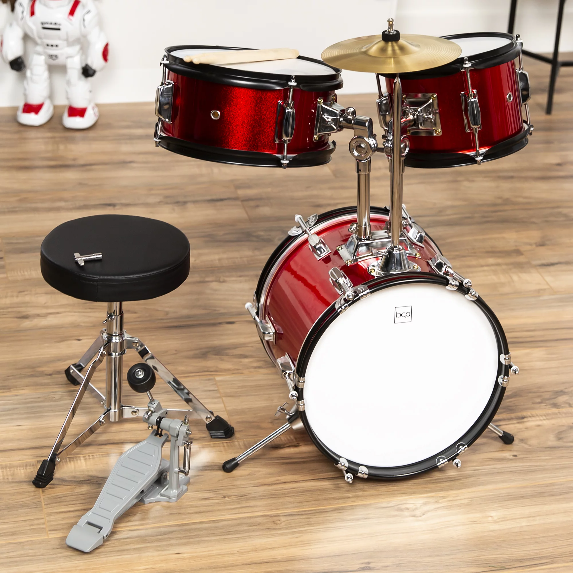 Best Choice Products Kids Beginner 3-Piece Drum, Musical Instrument Set w/ Sticks, Cushioned Stool, Drum Pedal - Red