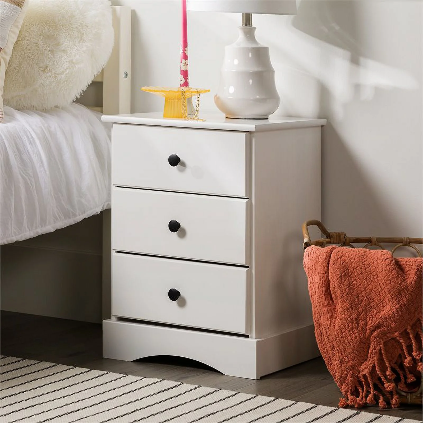 Classic 3 Drawer Solid Wood Top Bedroom Nightstand in White