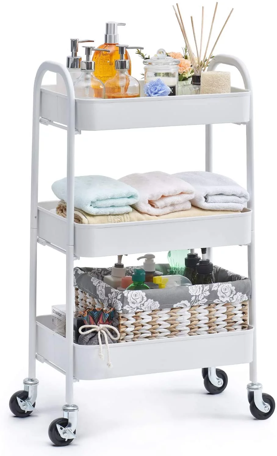 Kingrack 3 Tier Rolling Cart, No Screw Metal Utility Cart, Easy Assemble Utility Serving Cart, Sturdy Storage Trolley with Handles, Locking Wheels, for Classroom Office Home Bedroom Bathroom, White
