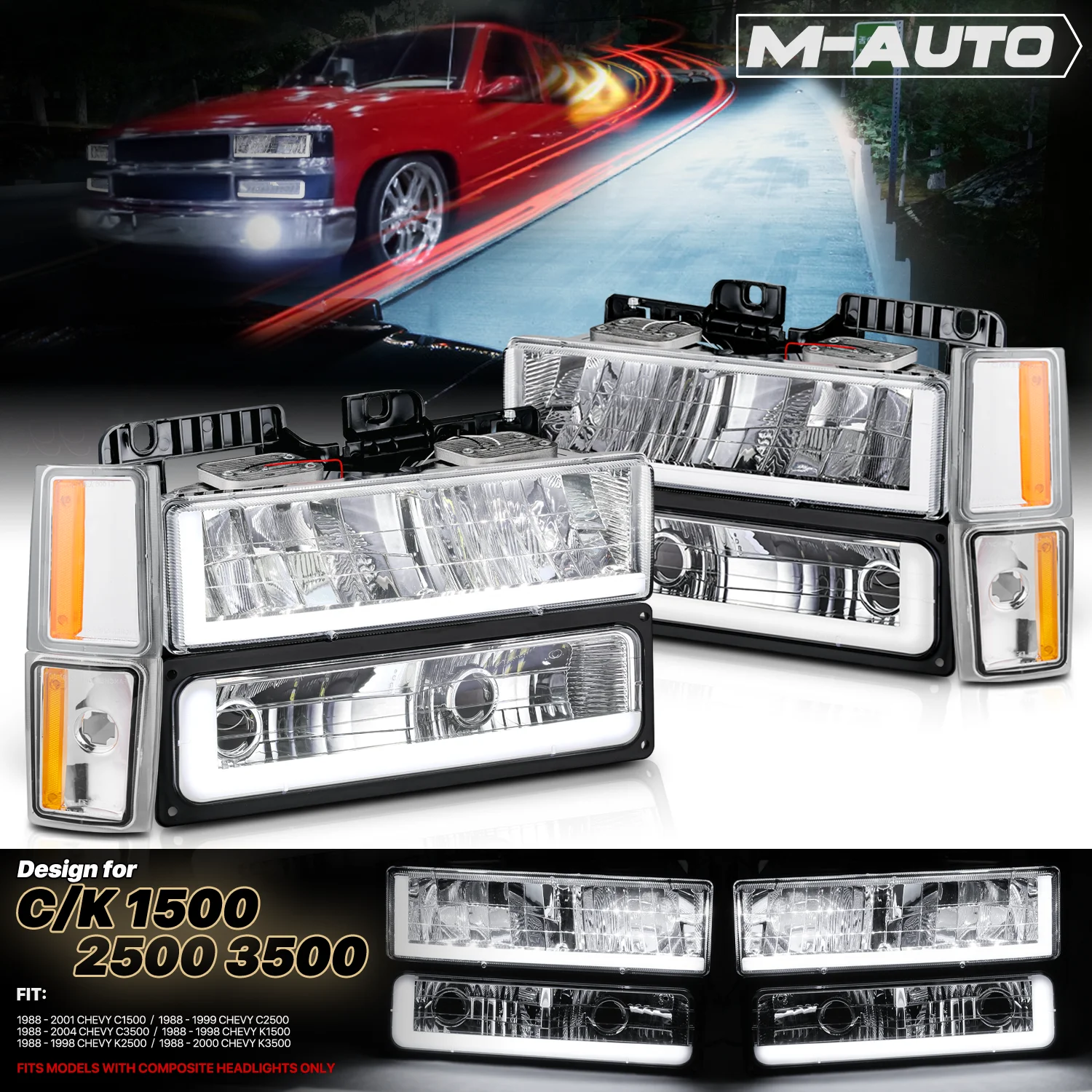 M-AUTO DRL LED Tube Headlight Assembly with 6000K LED Bulbs for 1988-1993 Chevy C1500/C2500/C3500/K1500/K2500/K3500, 1992-1993 Chevy C1500/C2500/K1500/K2500 Suburban