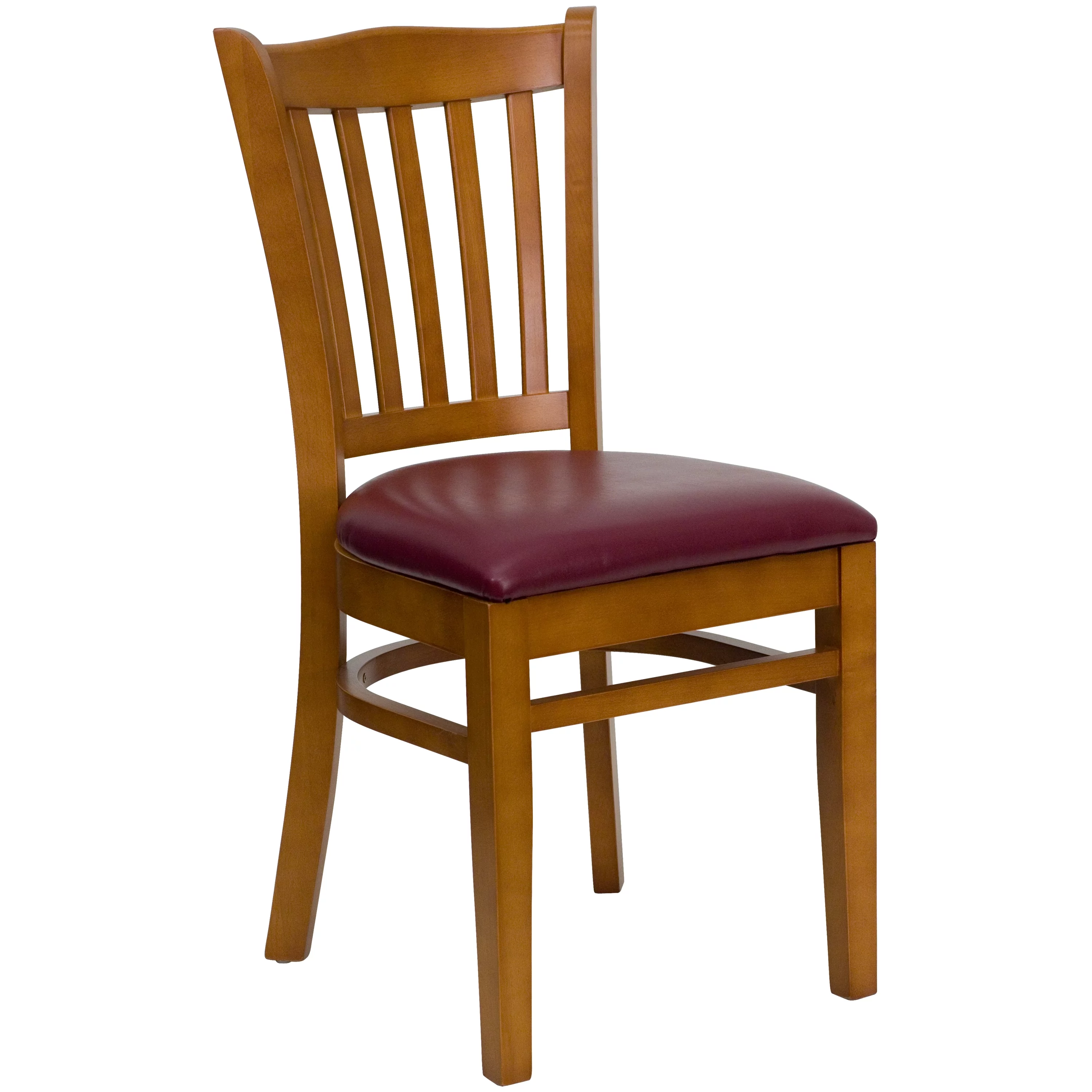 BizChair Vertical Slat Back Cherry Wood Restaurant Chair - Burgundy Vinyl Seat