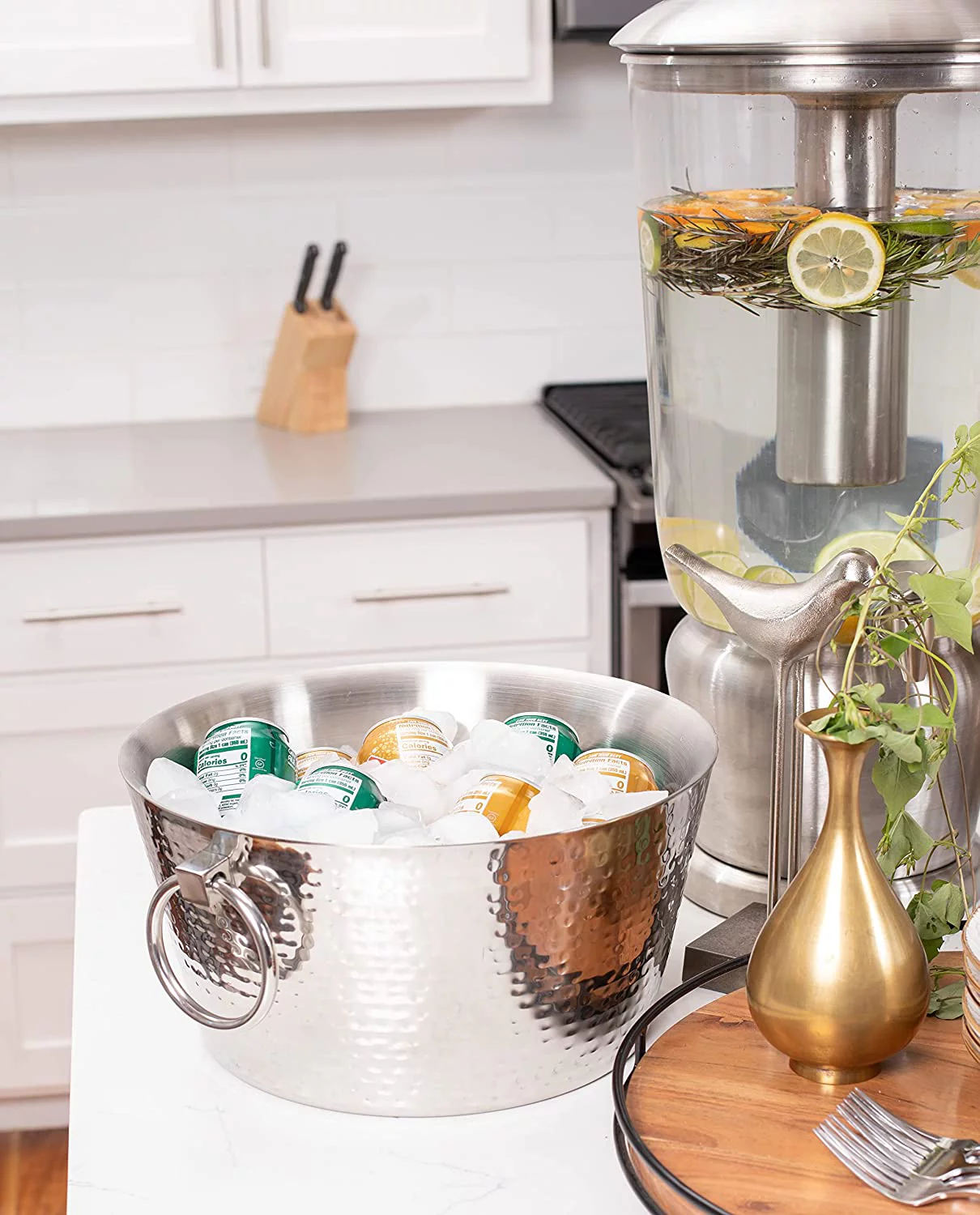 Hammered Double Wall Round Beverage Tub - 3 Gallons Stainless Steel - Ice Bucket - Metal Drink Cooler - House Party - Handles Small Container