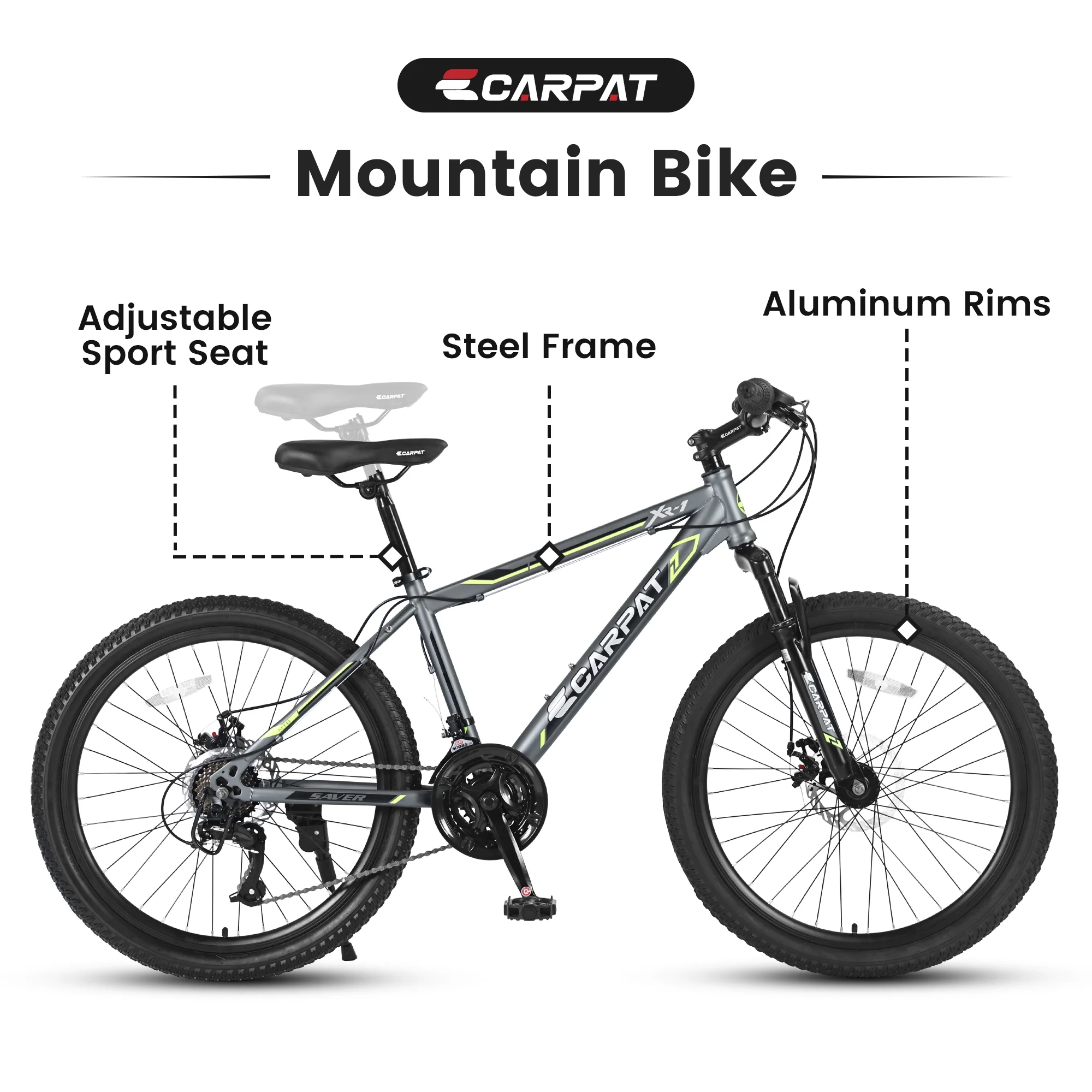 S24102 24 Inch Mountain Bike Boys Girls, Steel Frame, Shimano 21 Speed Mountain Bicycle with Daul Disc Brakes and Front Suspension MTB （Grey）