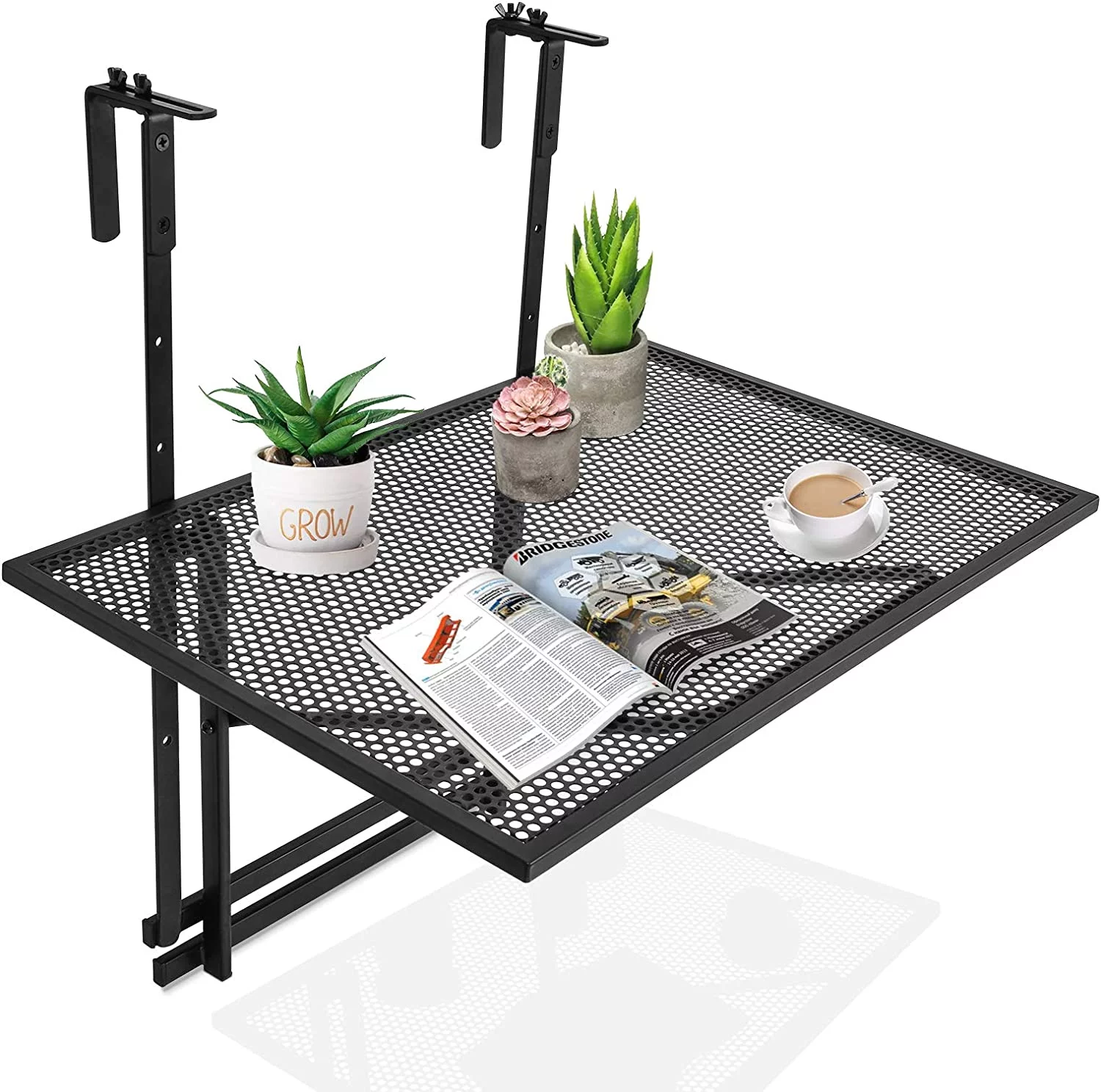 Outdoor Folding Hanging Table, 5 Height Adjustable & Foldable Space Saving Railing Serving Table, Width from 1.5 inch to 4 inch, Suitable for Patio, Balcony and Deck