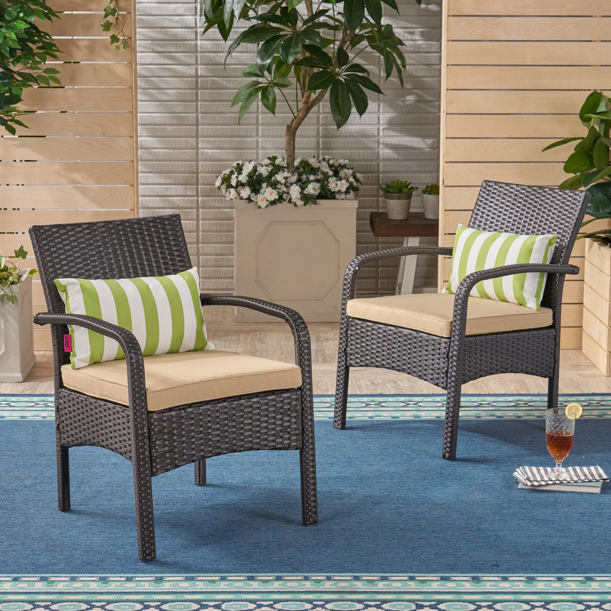 GDF Studio Kilburn Outdoor Wicker Club Chairs with Cushion, Set of 2, Brown and Tan