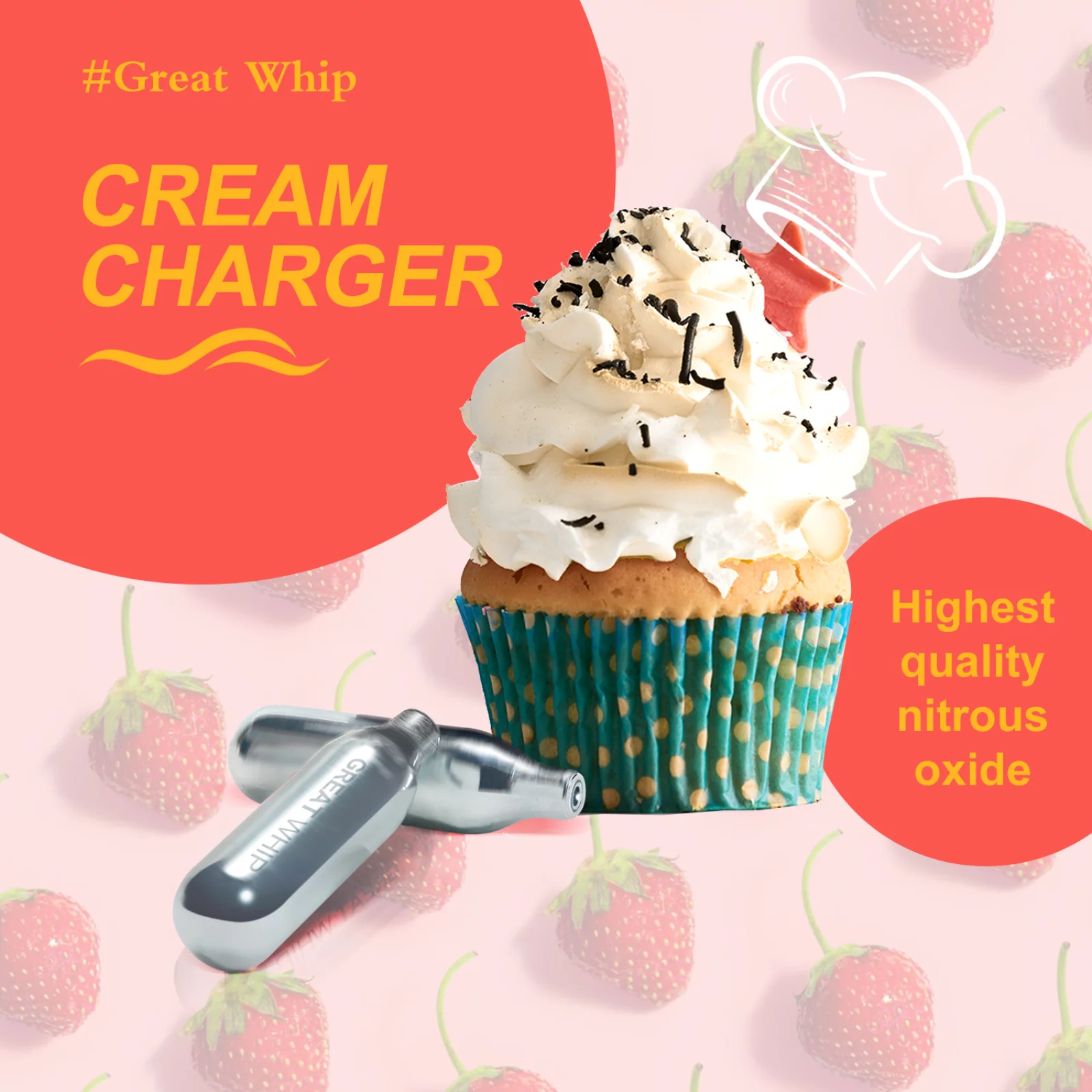 GreatWhip Whipped Cream Charger Strawberry Flavor N2O Cartridges 8g Kitchen Nitrous Oxide Chargers 24 Counts