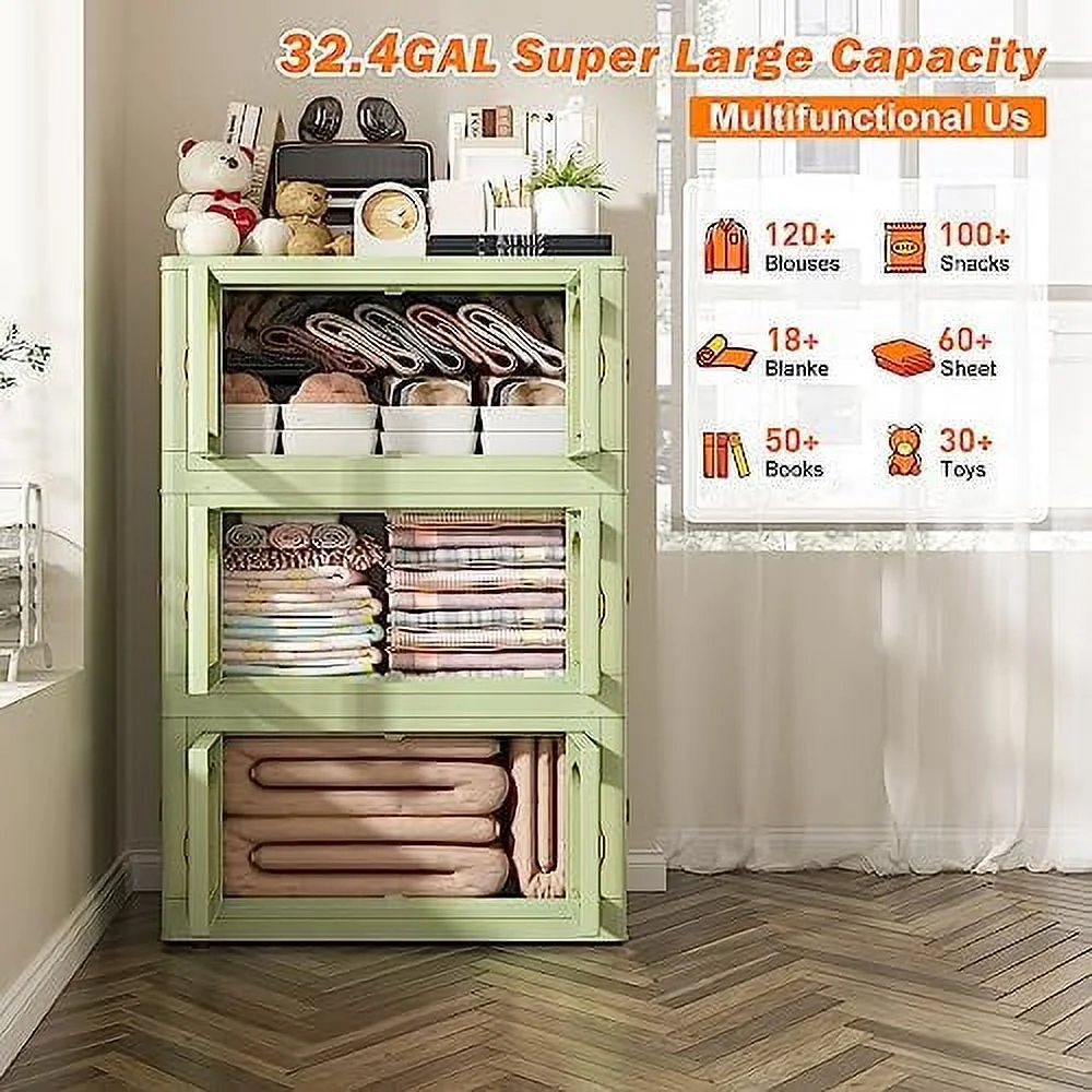 TQNJYGX 75 GAL Stackable  Bins with Lids for Closet Organizers Collapsible  Bins with Door and Wheels Trunk Car Folding  Containers Box for Bedroom Kitchen Office Toy Plastic 3PC