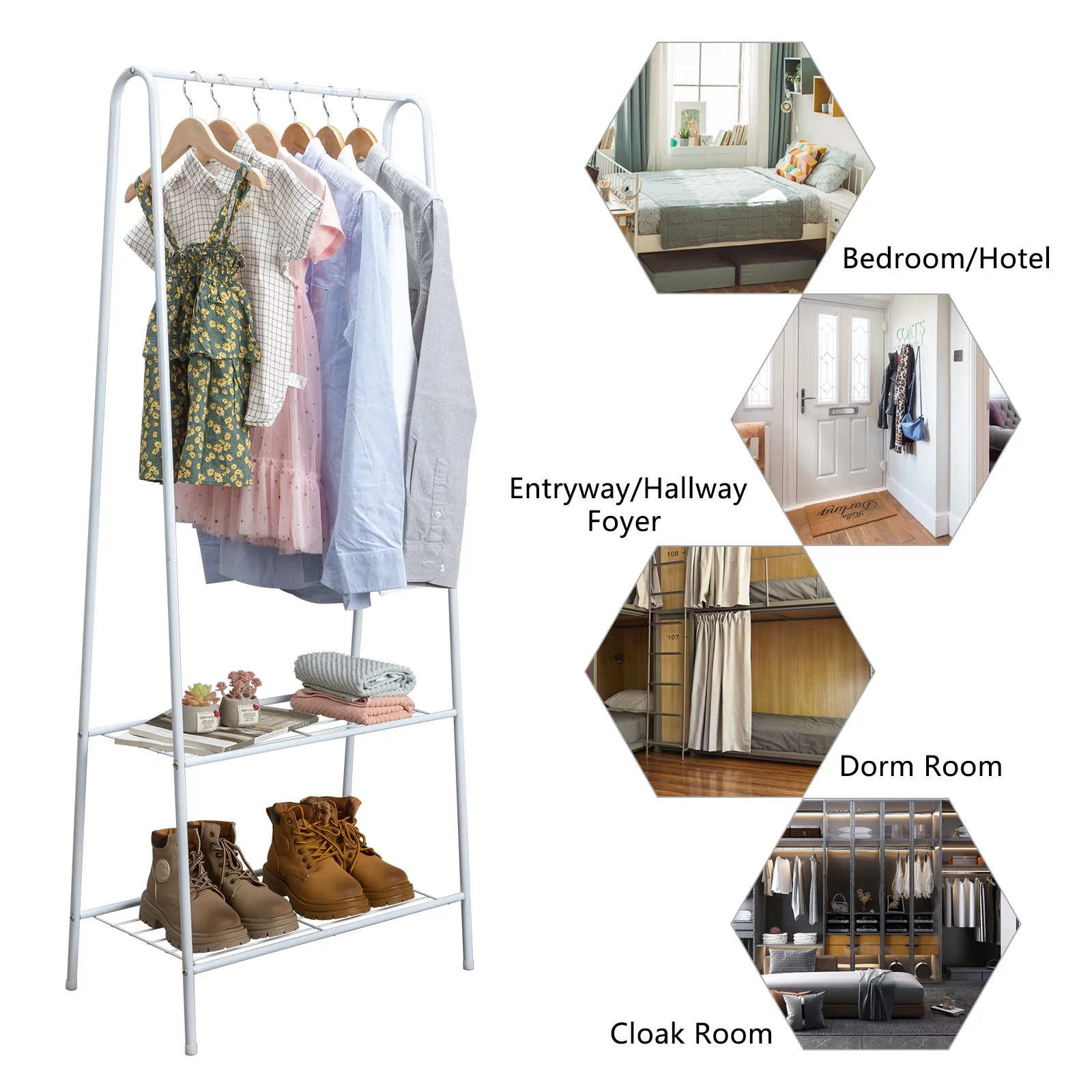 Metal Clothing Garment Rack Portable Clothes Coat Rack With 2-Tier Shelves Freestanding Closet Storage Organizer For Hanging Clothes Coats Shoes White