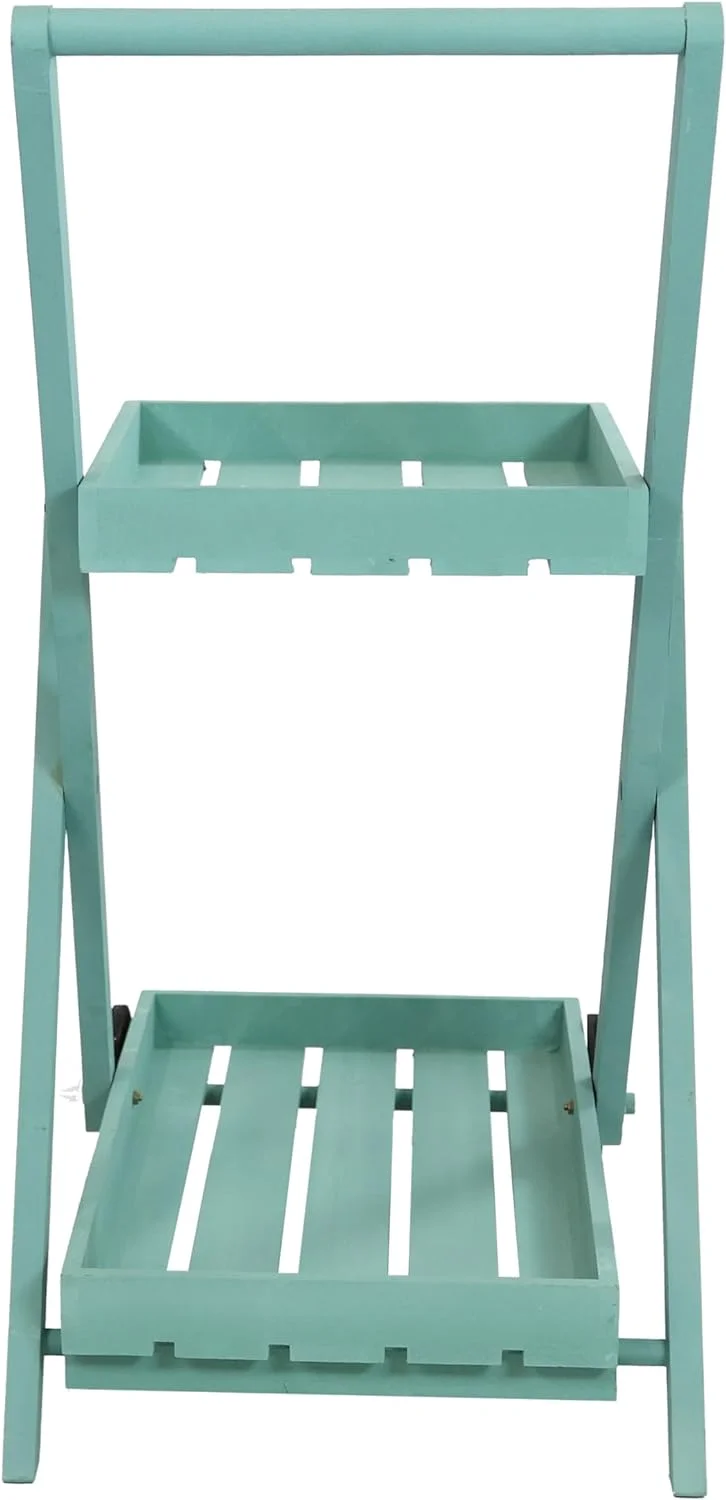LIANMEI 2-Tiered Flower Garden Cart with Built-In Handle - Fir Wood - 20 lb Weight Capacity - 34” H - Robin Egg Blue