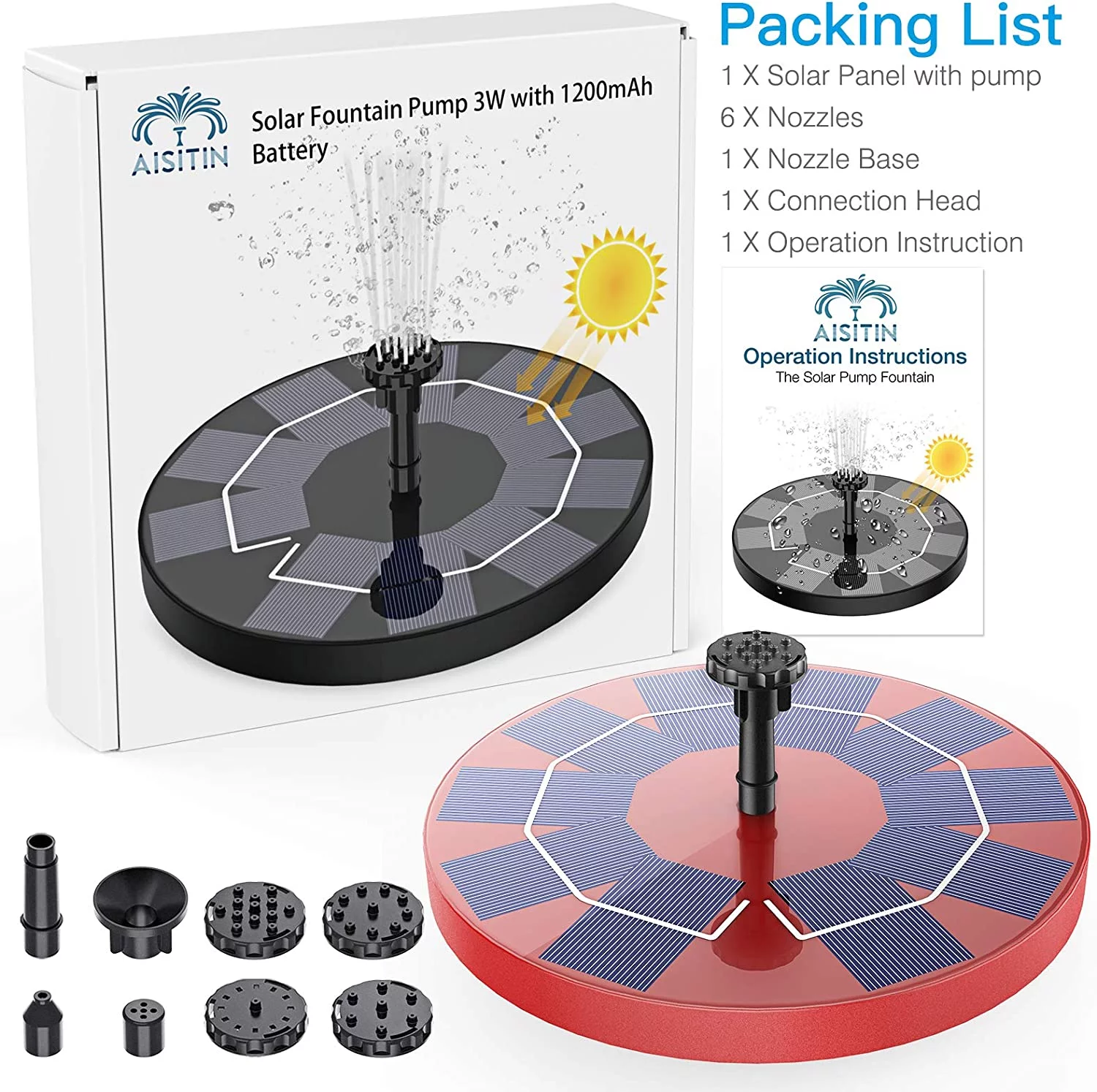 AISITIN 3W Solar Fountain Pump Solar Water Pump, Floating Fountain Built-in 1200mAh Battery, with 6 Nozzles, for Bird Bath, Fish Tank, Pond or Garden Decoration Solar Aerator Pump (Red)