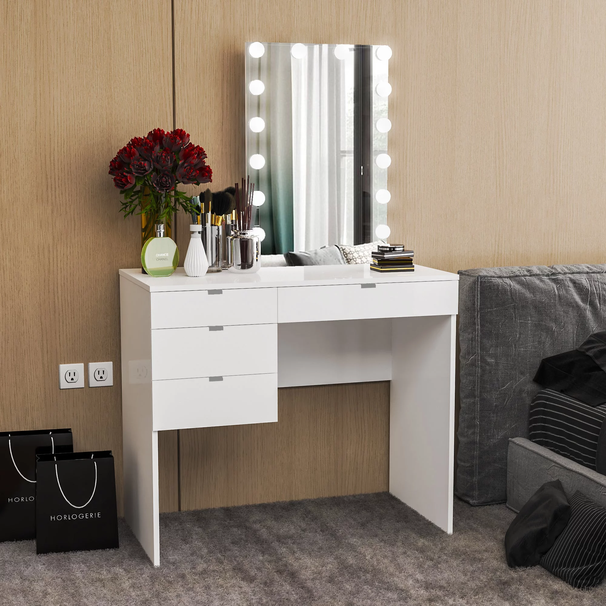 Ember Interiors Scarlett Modern White Painted Vanity Table, Lights, for Bedroom