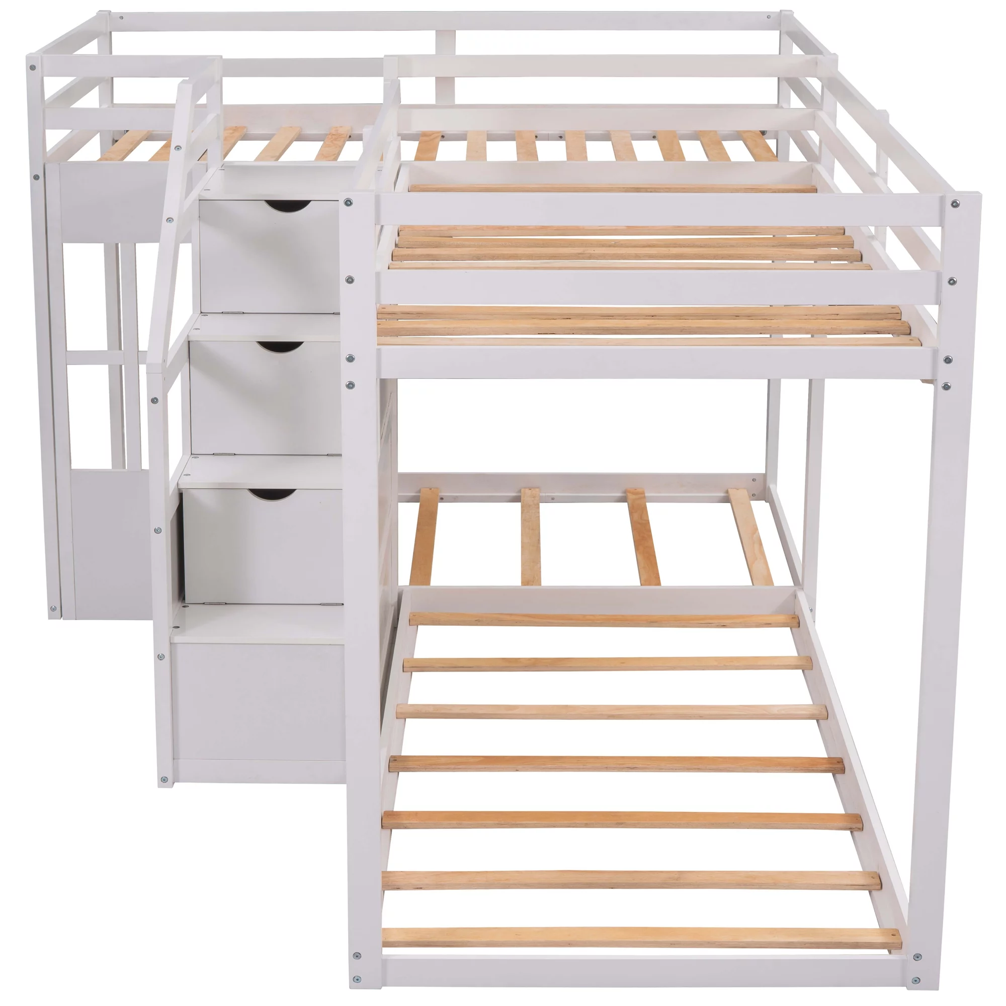 EUROCO Twin over Twin L-Shaped Bunk Bed with Middle Staircase, White