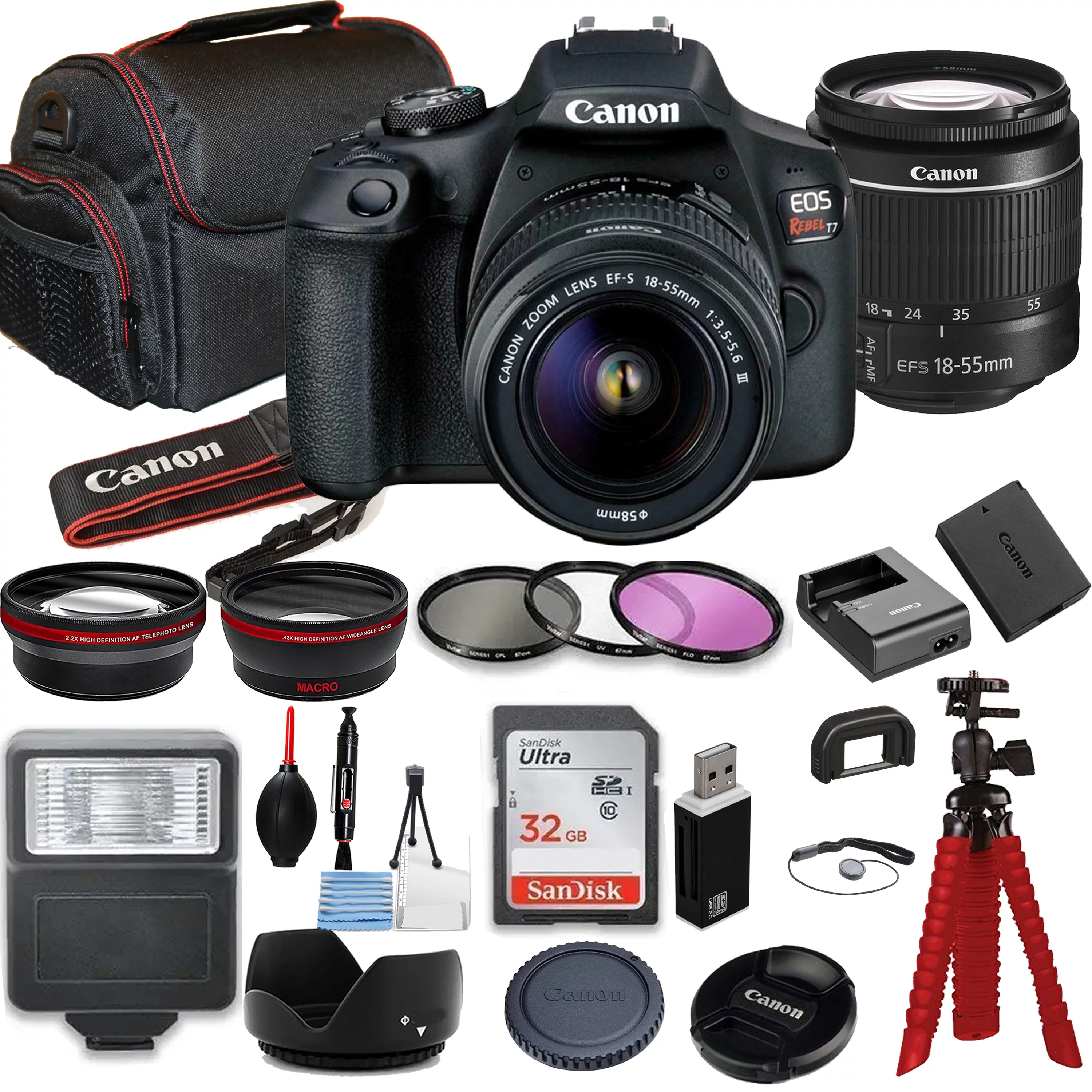 Canon EOS Rebel T7 DSLR Camera Bundle with Canon EF-S 18-55mm f/3.5-5.6 Lens + SanDisk 32GB Memory Cards + Photography Kit