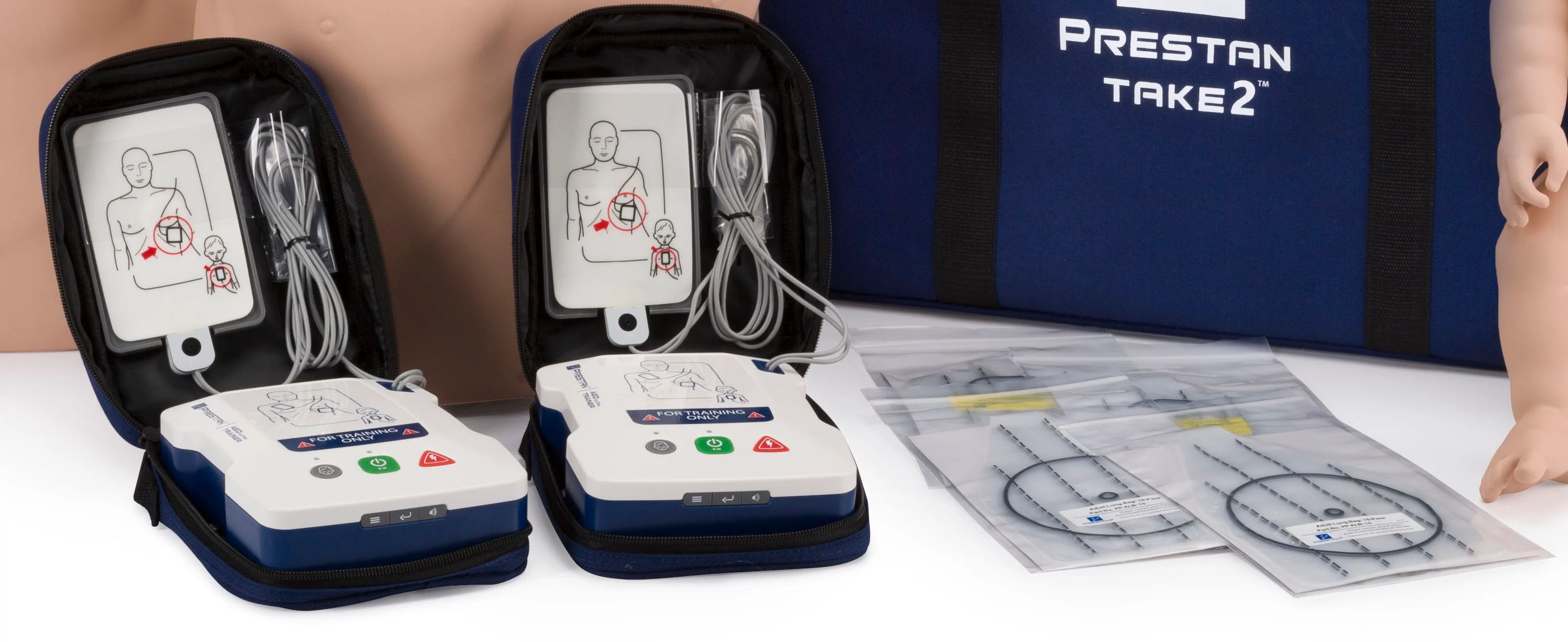 PRESTAN TAKE2 Kit Medium Skin Manikins (2 Adult, 2 Infant) WITH Feedback, 2 AED UltraTrainers