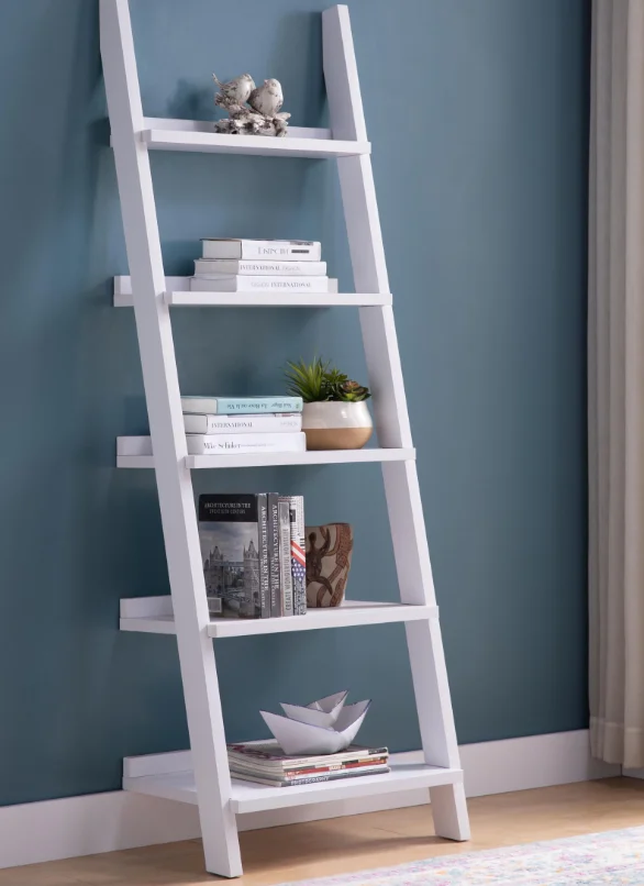 White Finish 5 Tier Wooden Ladder Bookshelf, Shelf Leaning Open Shelves Bookcase