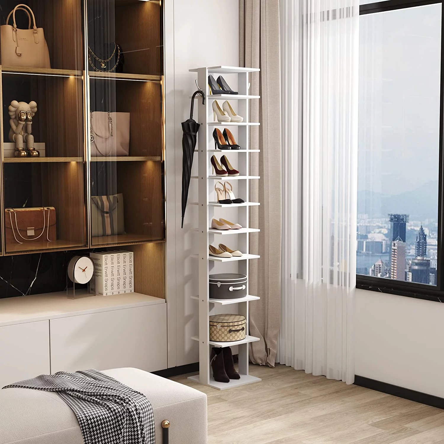 10-Tier Vertical Shoe Rack, Corner Shoe Tower, Slim Shoe Organizer with Two Hanging Hooks, Wooden Shoe Storage Stand for Entryway, Hallway, Closet (White)