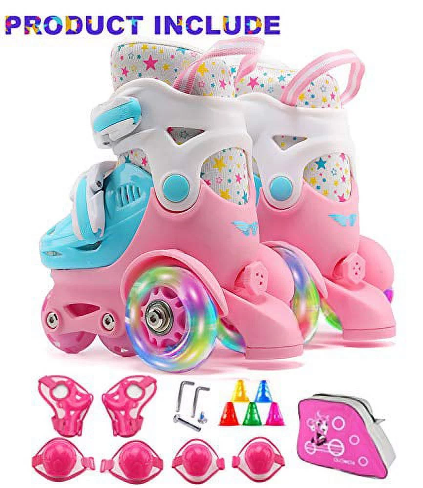 Adjustable Roller Skates for Kids Girls Ladies with Light Up Flash LED Wheels(Age 3-9),Fun Illuminating,Three-Point Type Balance,Gift Box Packing for Toddlers,Children,Youth, Teenagers(S Size)