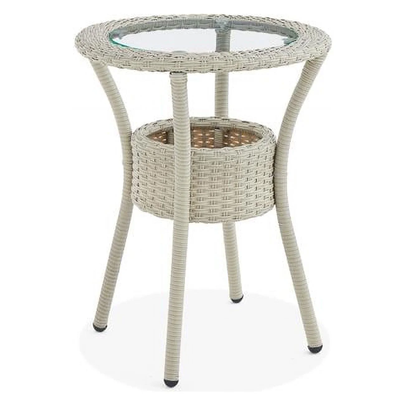 Haven All-Weather Wicker Outdoor Round Glass-Top Accent Table with Storage, Beige