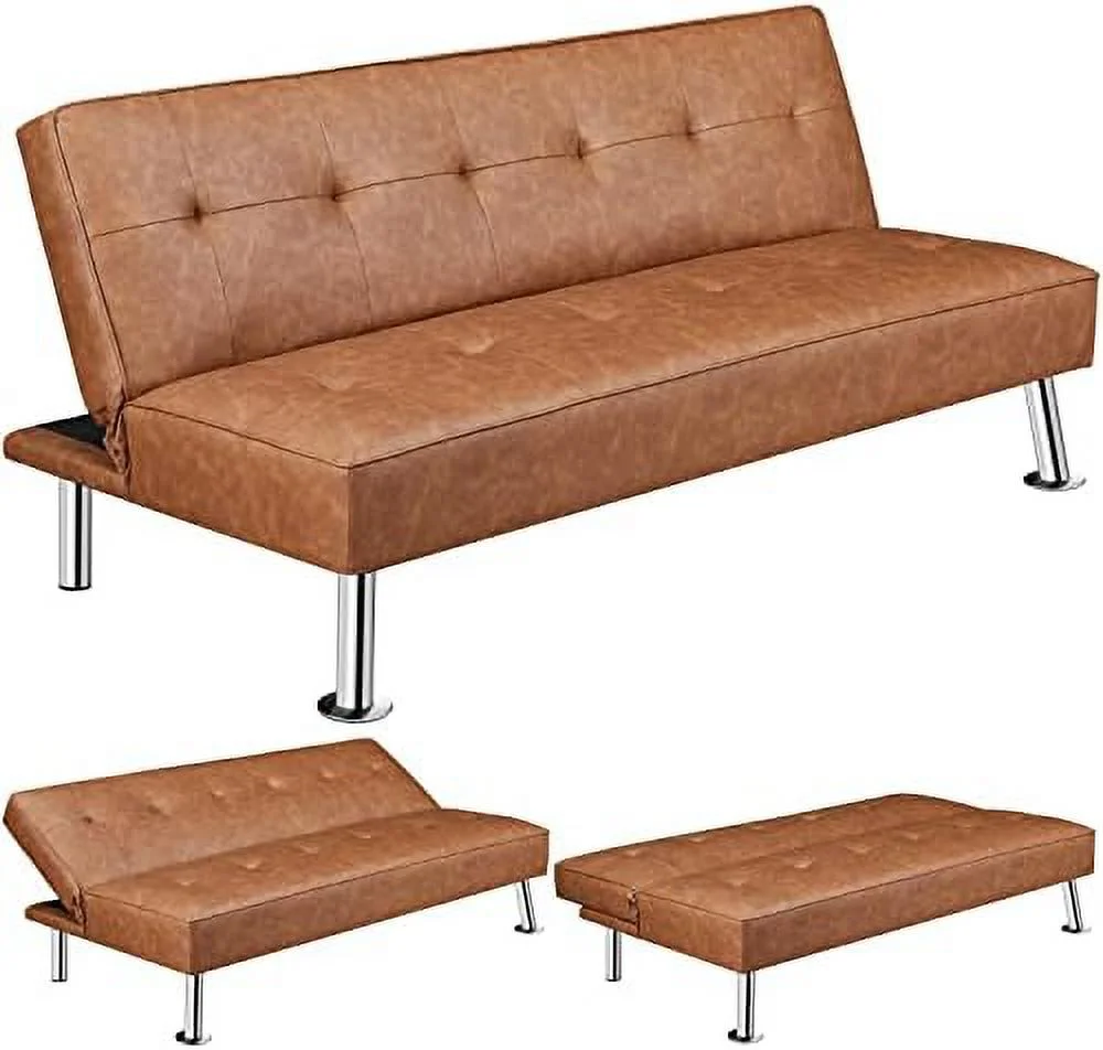 RSJIWOGZ Convertible Sofa Couch Futon Bed Faux Leather Sofa Bed Sleeper Adjustable Loveseat Futon Couch Living Room  with Chrome Metal Legs  Brown