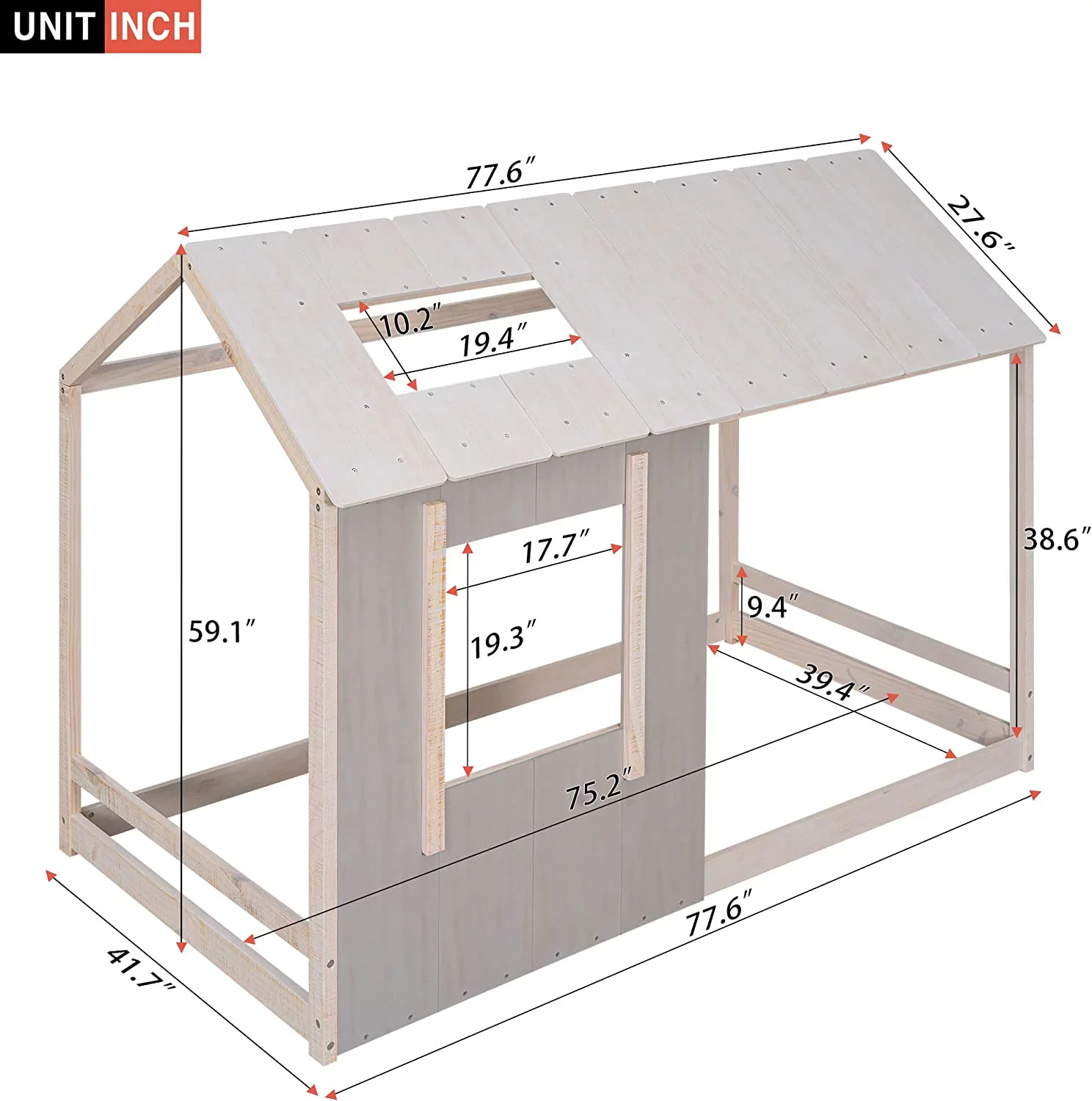 House Bed For Kids, Wooden Kids Bed Montessori Bed With Roof And Window, Floor Bed For Toddlers, Kids, Girls & Boys (, Antique Grey & Antique White)
