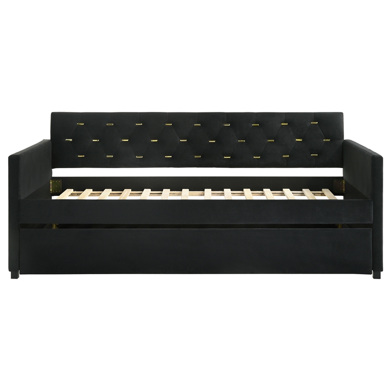 Pemberly Row Velvet Upholstered Tufted Twin Daybed with Trundle Black