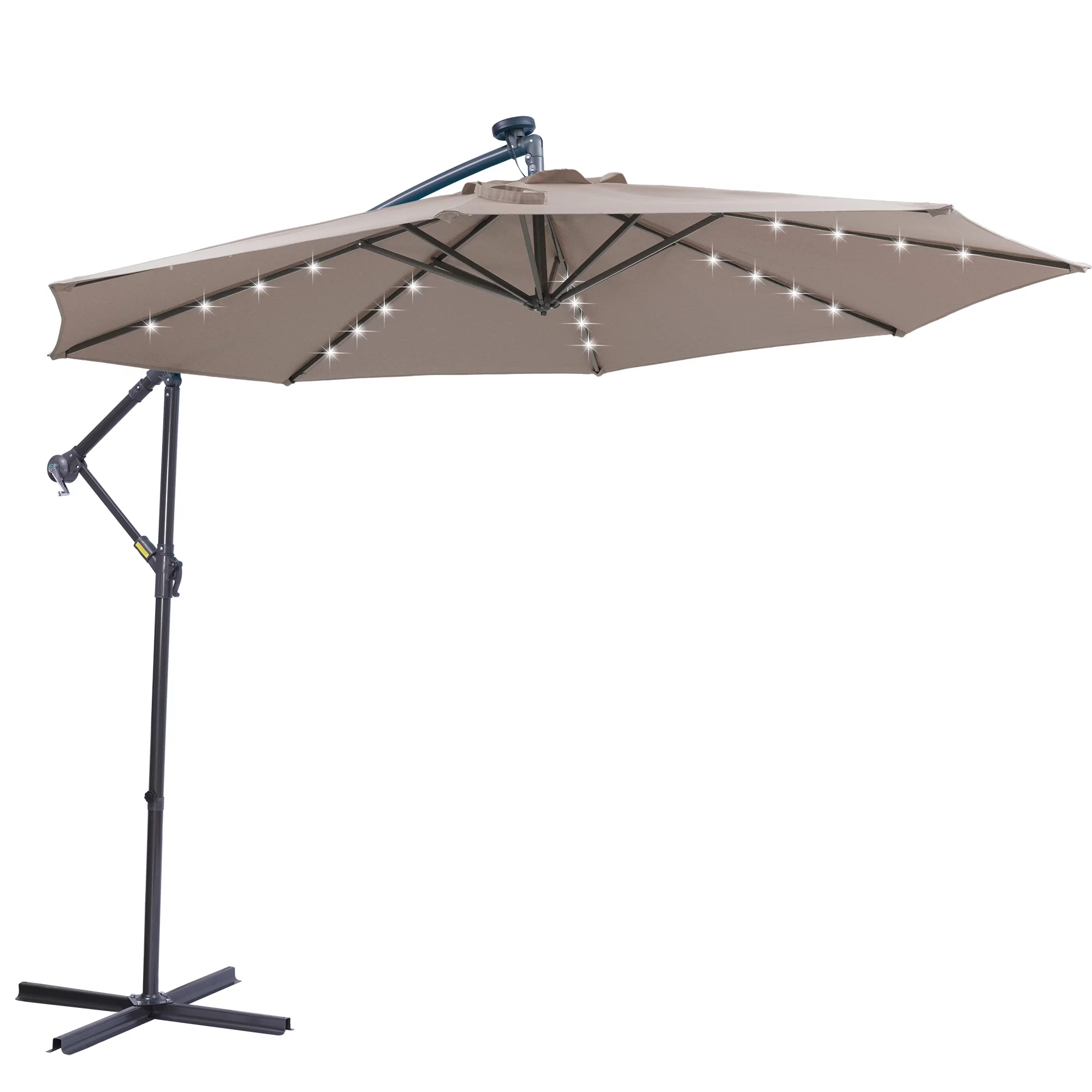 10 FT Solar LED Patio Outdoor Umbrella Hanging Cantilever Umbrella Offset Umbrella Easy Open Adustment with 32 LED Lights-Dark Taupe