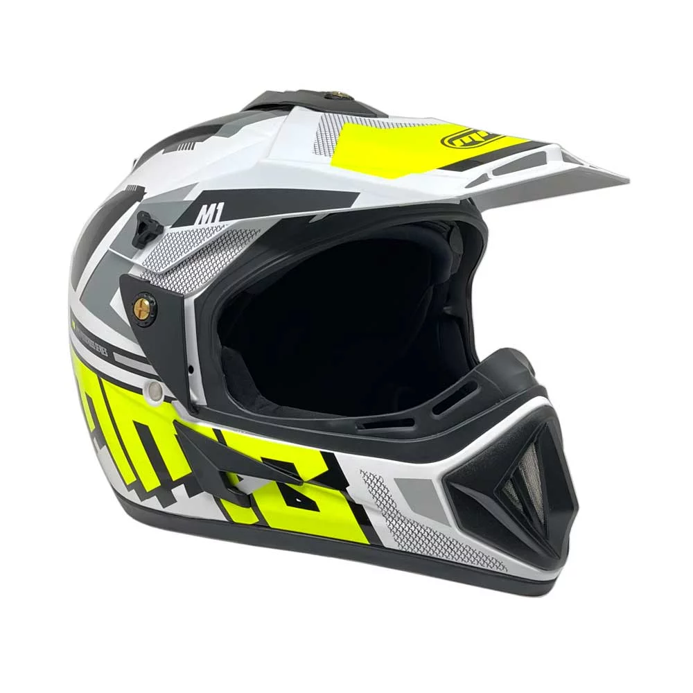 Motorcycle Off-Road Helmet MX ATV Dirt Bike Gloss White Yellow Graphics with Goggles (Small) Model 31