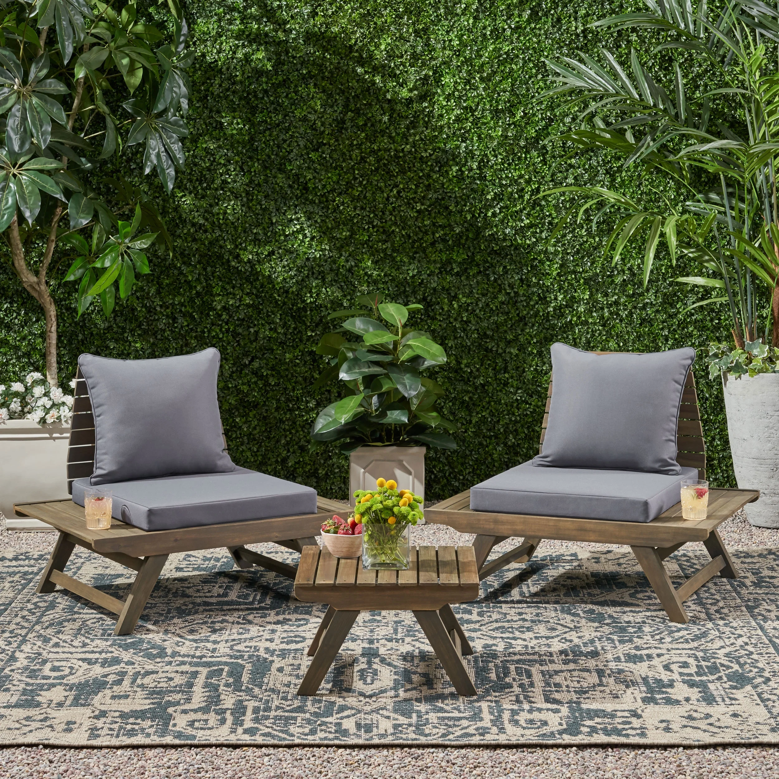 GDF Studio Kailee Outdoor 2 Seater Acacia Wood Club Chairs and Side Table Set, Gray