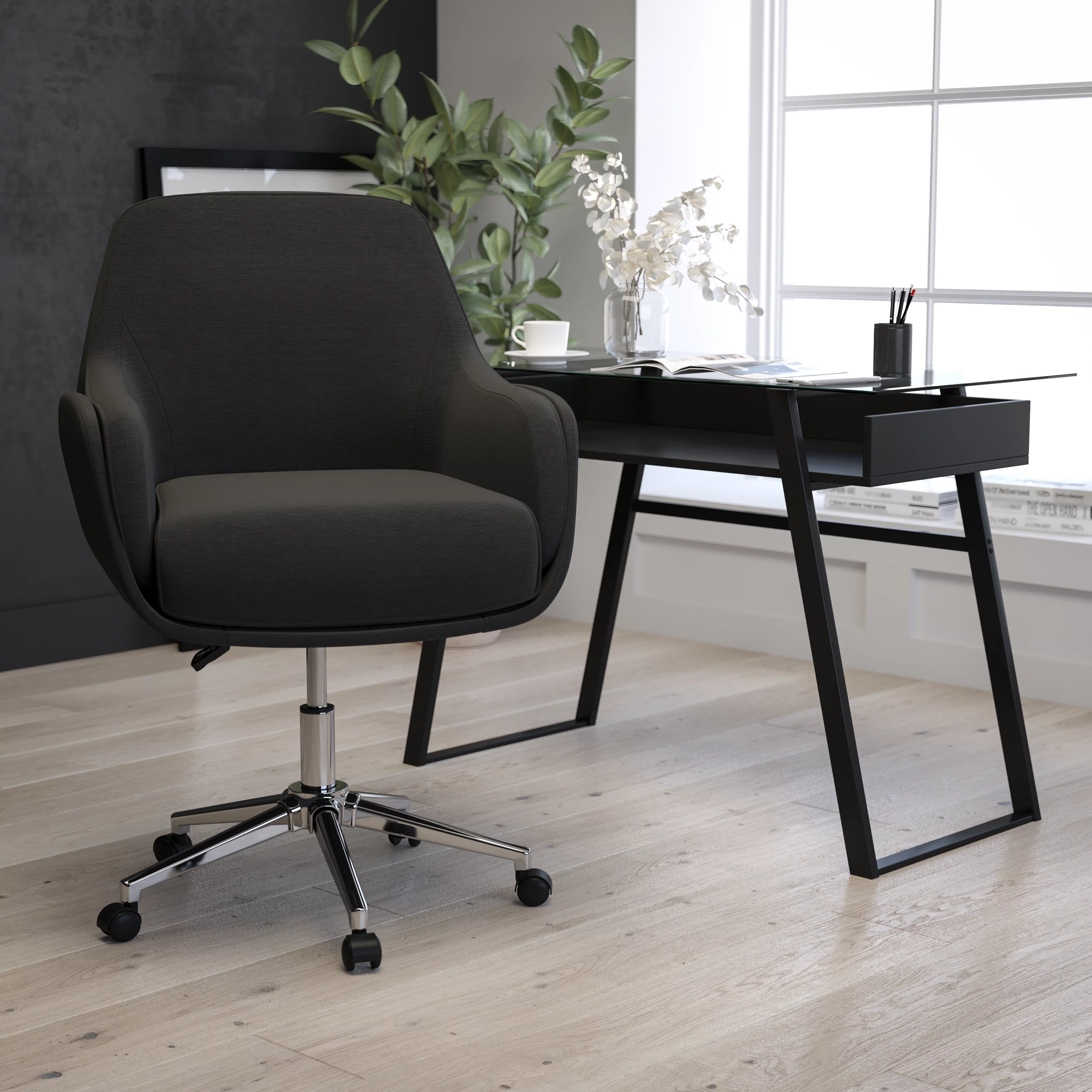 Merrick Lane Home Office Upholstered Mid-Back Chair in Black Fabric
