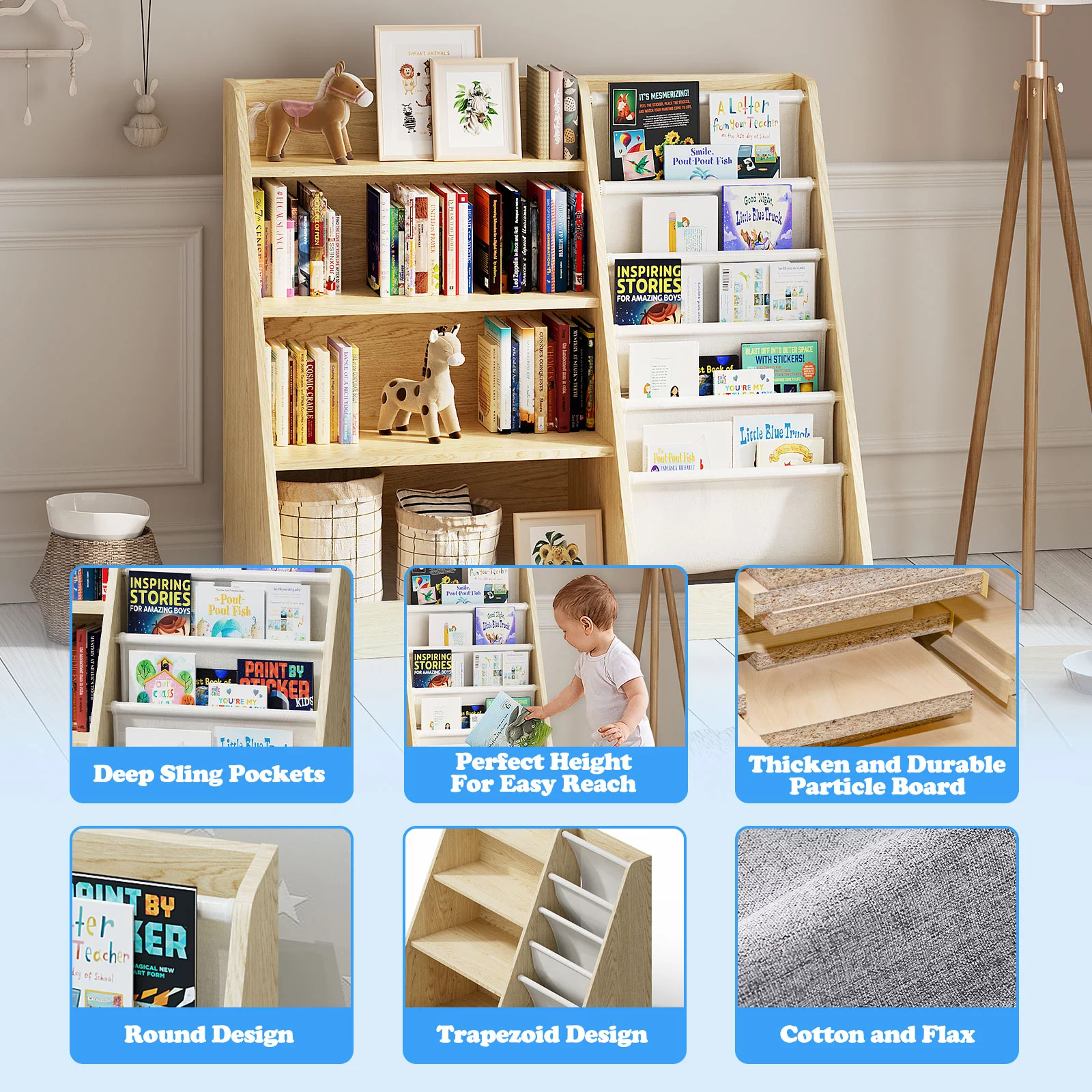 Hironpal Kids Bookshelf, 4 Tier Storage Book Rack and Five Layer Sling Bookshelf for Playroom,Burlywood