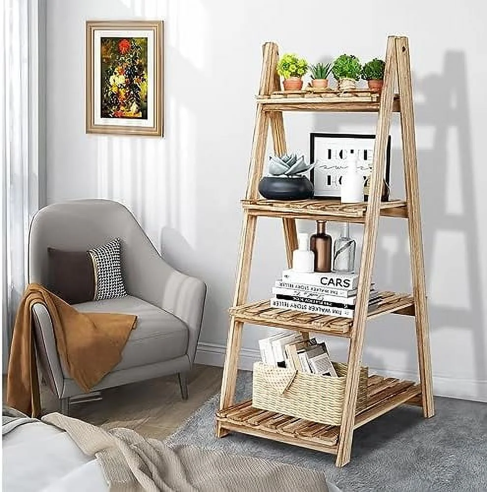 GVJMTKP Ladder   4-Tier Wooden Plant Shelves  Rustic Flower Display Rack  Freestanding  Rack  Indoor Flowerpot Stand Ladder Bookshelf  Room  Office  Bedroom  Balcony (Brown)