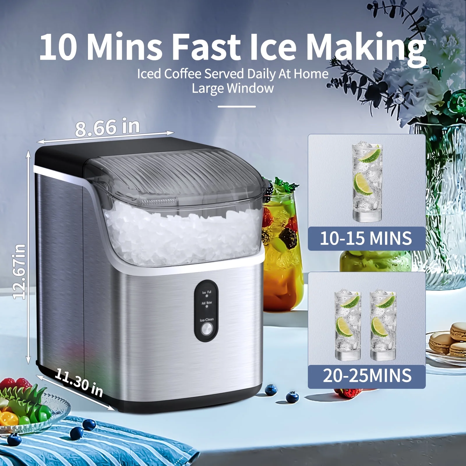 Havato Nugget Portable Pellet Ice Maker with Self-Cleaning Function, 33lbs/24H, Easy  Operate, Suitable for Home/Kitchen/Office and Parties, Stainless Steel Silver