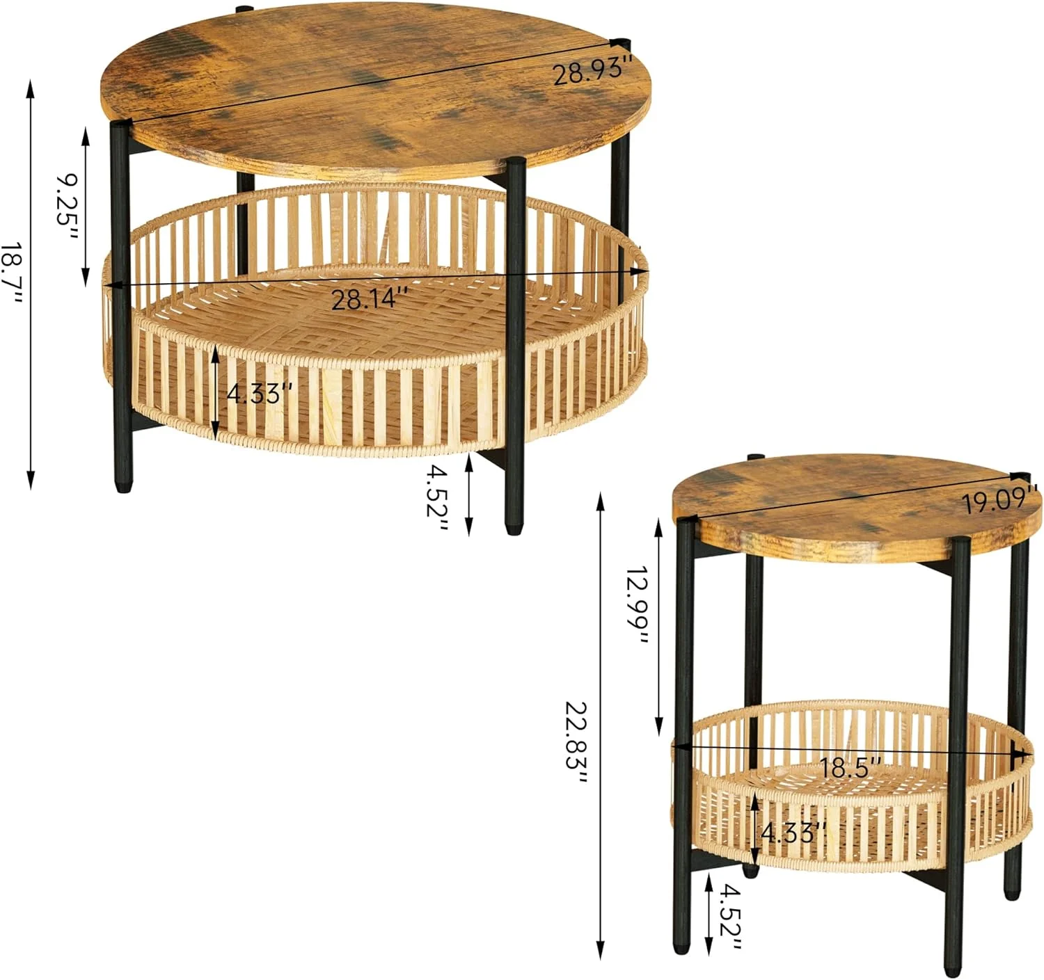 3 Pieces Coffee Table Set for Living Room, 2 Tier Round Rattan Coffee End Side Table, Boho Living Room Table Set with Metal Frame for Bedroom Office