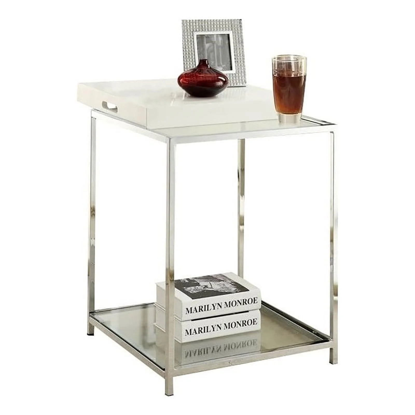 Pemberly Row Square Steel Frame Glass End Table in Chrome