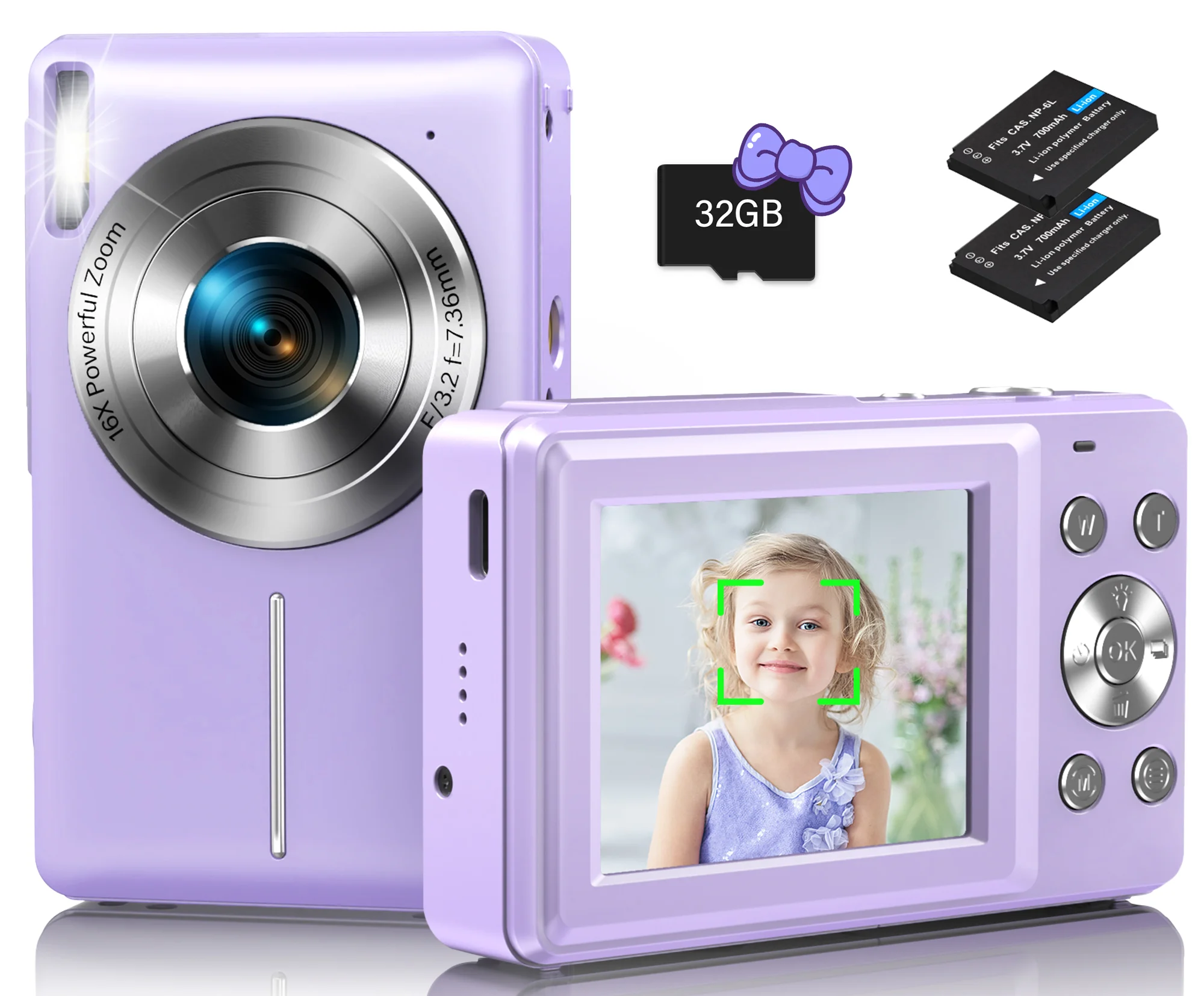 Digital Camera, Kids Camera with 32GB Card, FHD 1080P 44MP 16X Digital Zoom, Vintage photos Filters Compact Vlogging Camera, Portable Mini Camera for Teens Students adult beginners (Purple)