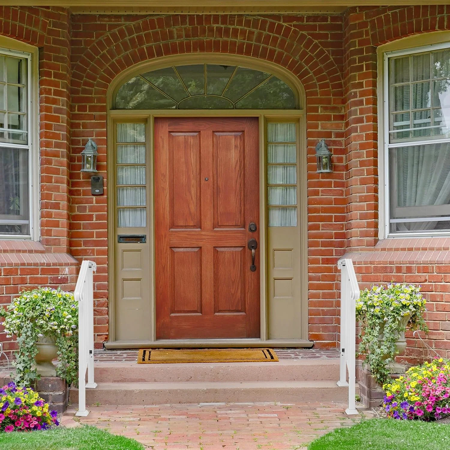 2 Pack 2 Step Handrails for Outdoor Steps, Wrought Iron Stair Railing Fits 1 or 2 Steps, Metal Hand Rail with Installation Kit, Staircase Handrails for Concrete, Porch, Deck, Exterior Steps, White