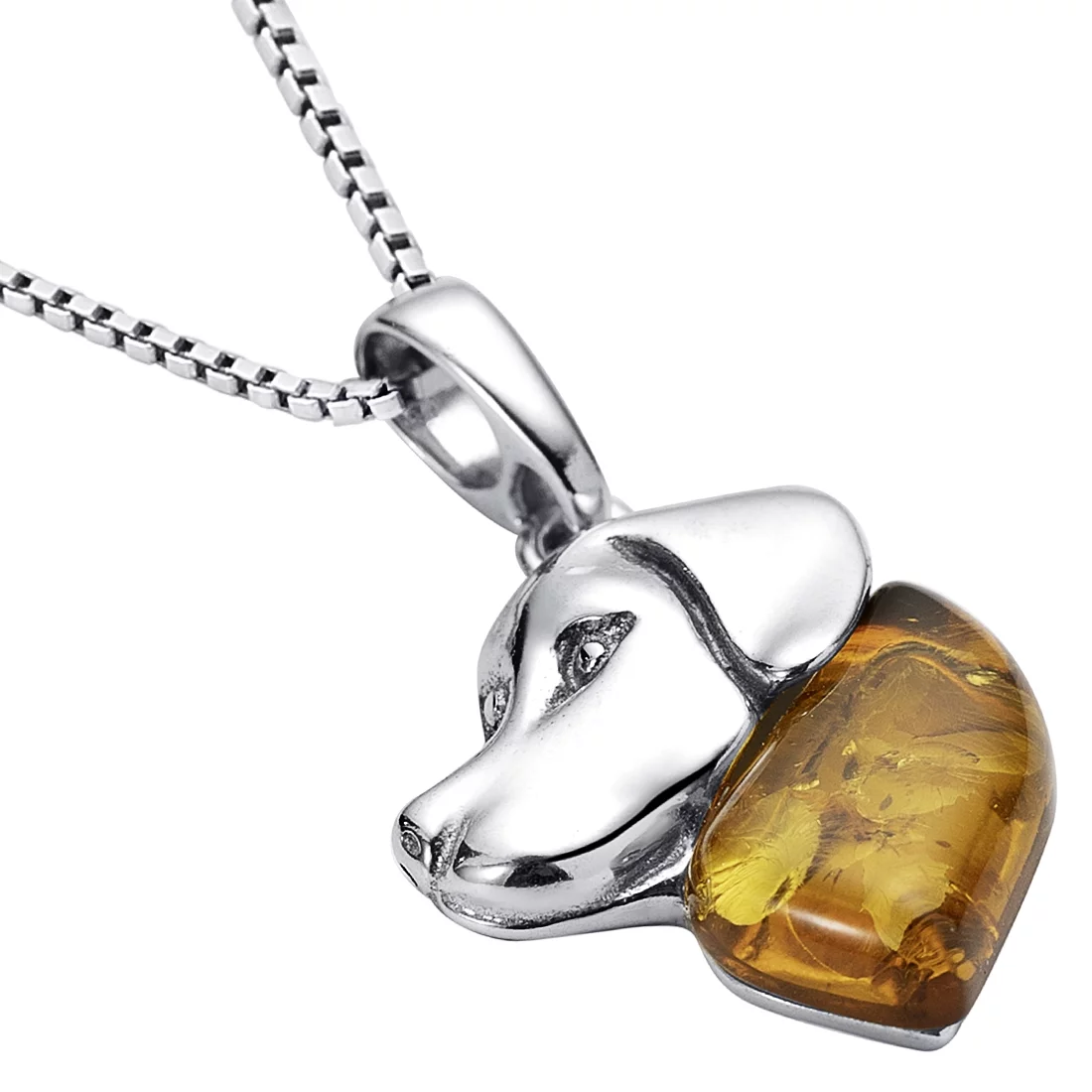 Baltic Amber Dog Charm Pendant Necklace in Sterling Silver, 18