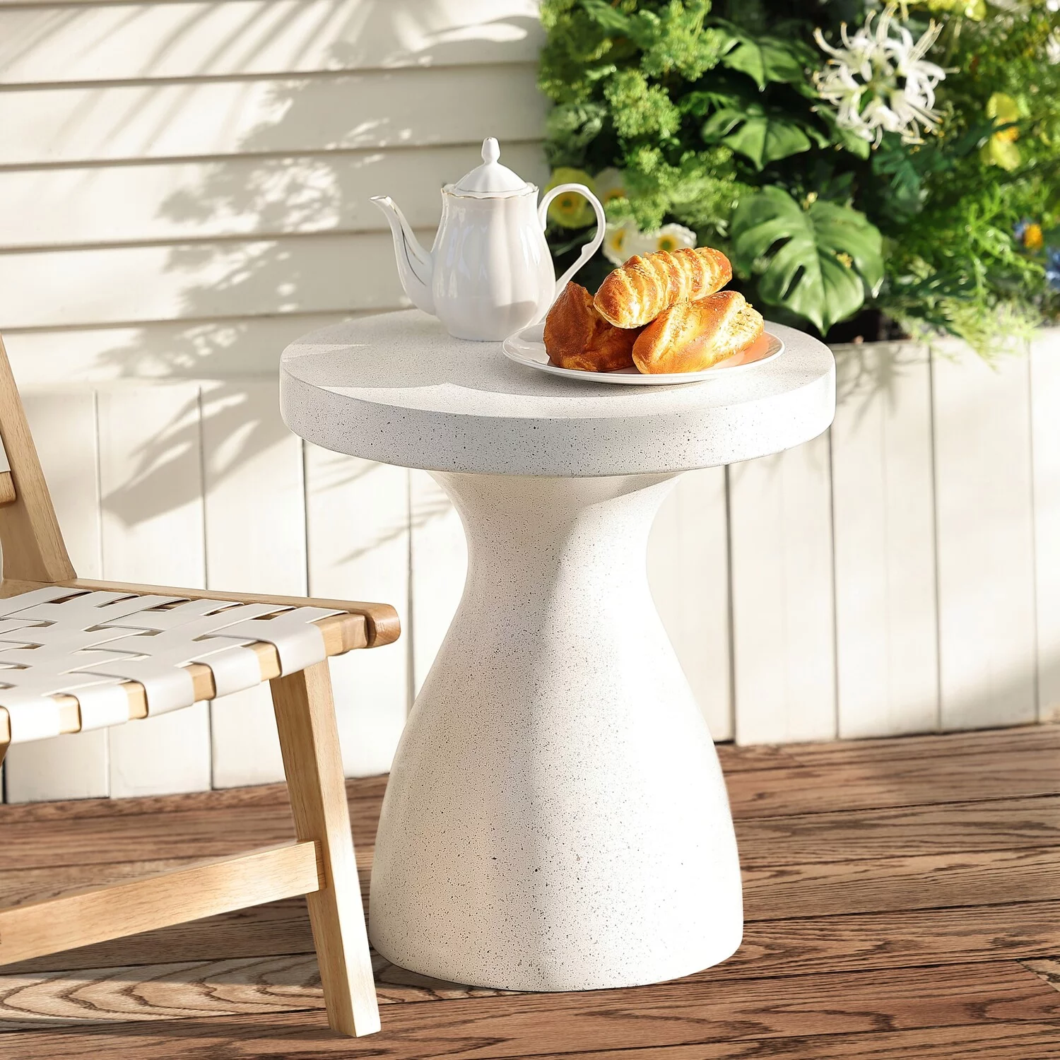 LuxenHome White and Speckled Gray MgO 20-Inch Round Outdoor Side Table