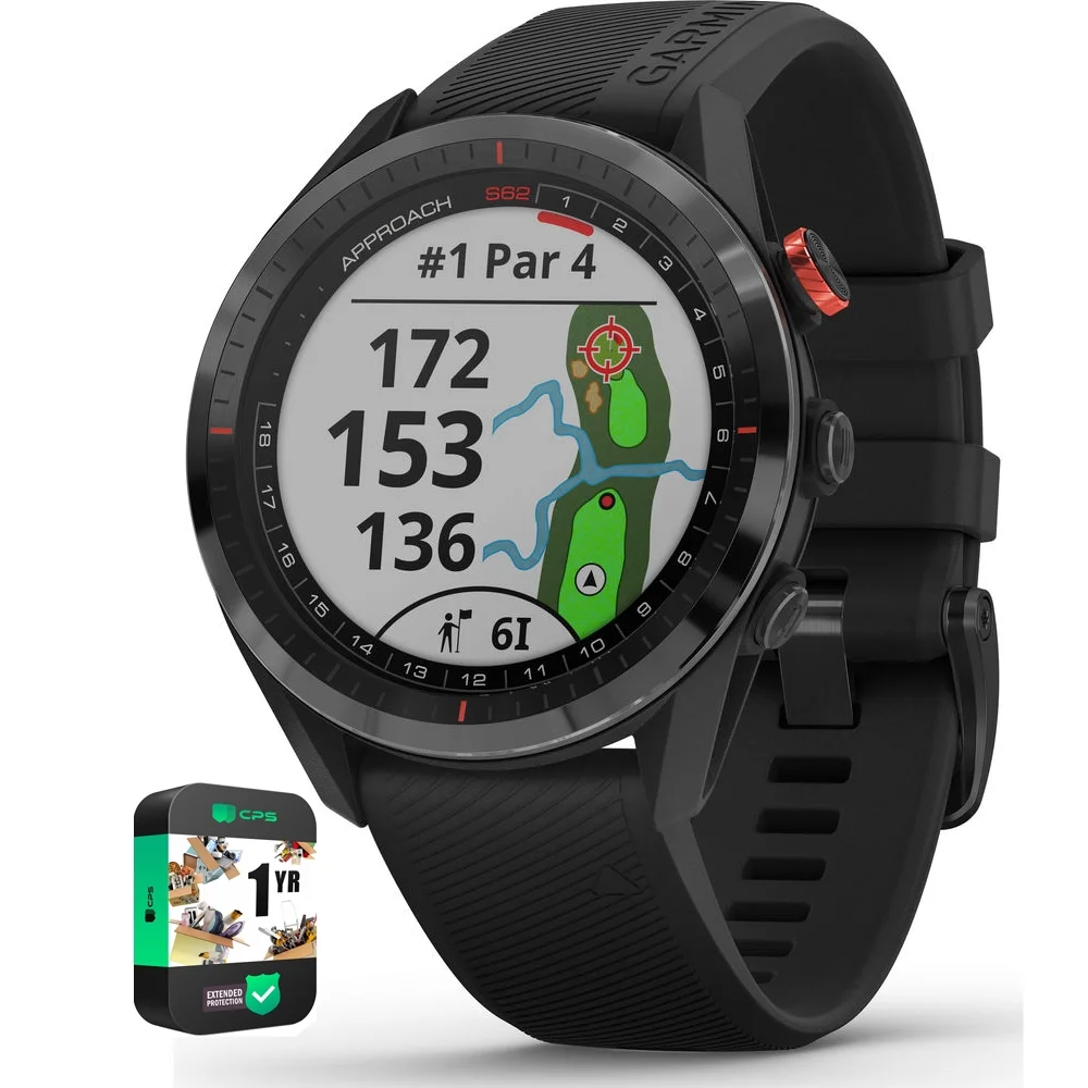 Garmin 010-02200-00 Approach S62 Ceramic Bezel with Black Silicone Band GPS Golf Watch Bundle with 1 YR CPS Enhanced Protection Pack