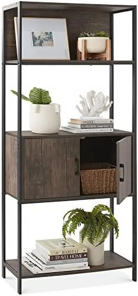 TJUNBOLIFE 4-Tier Bookshelf  Tall Bookcase  Wood  Cabinet for Living Room  Bedroom  Entryway  Home Office w/Cabinet  Enclosed    Space  Metal Sturdy Frame - Light Oak