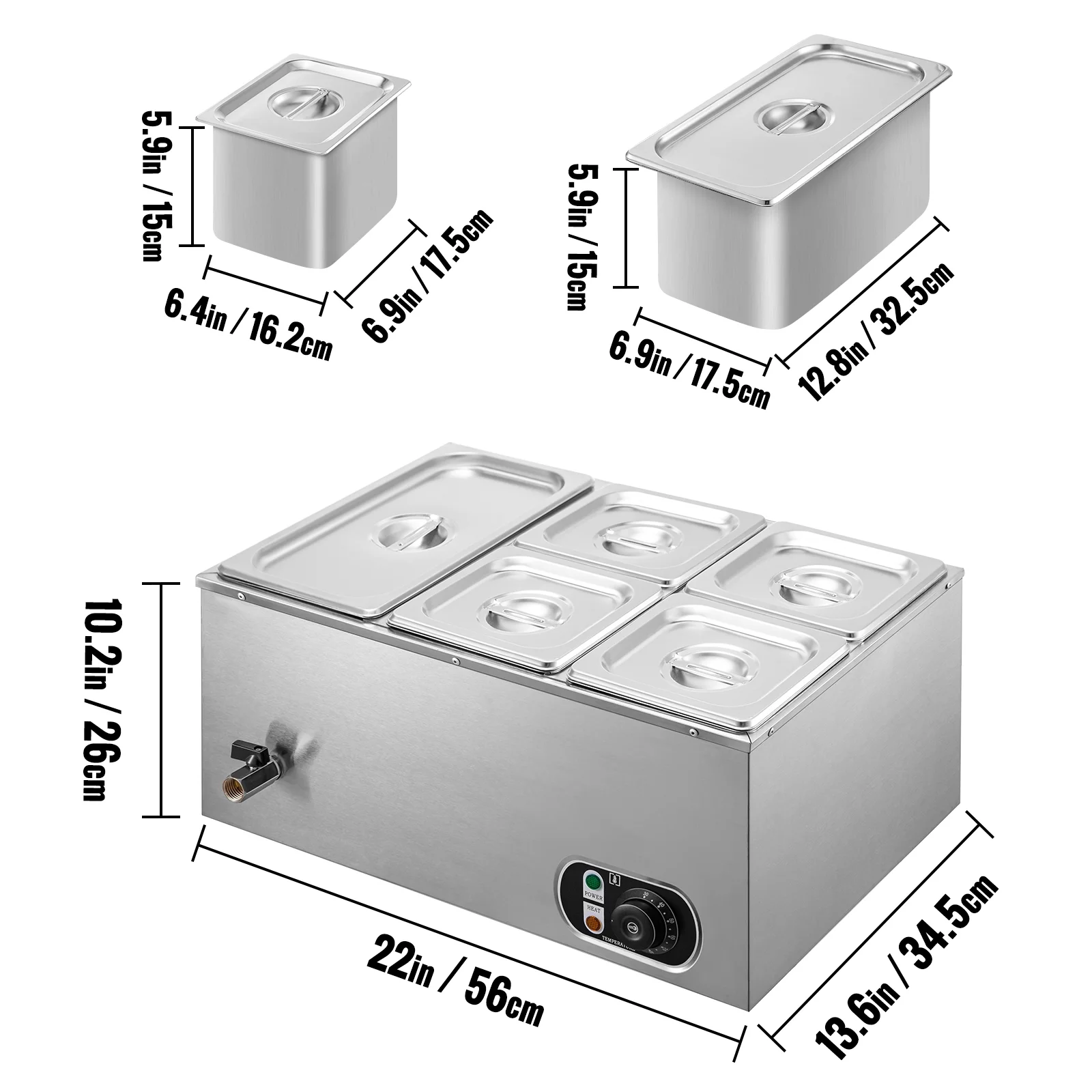 BENTISM Commercial Food Warmer Bain Marie 5-Pan 24Qt Buffet Food Warmer Stainless Steel