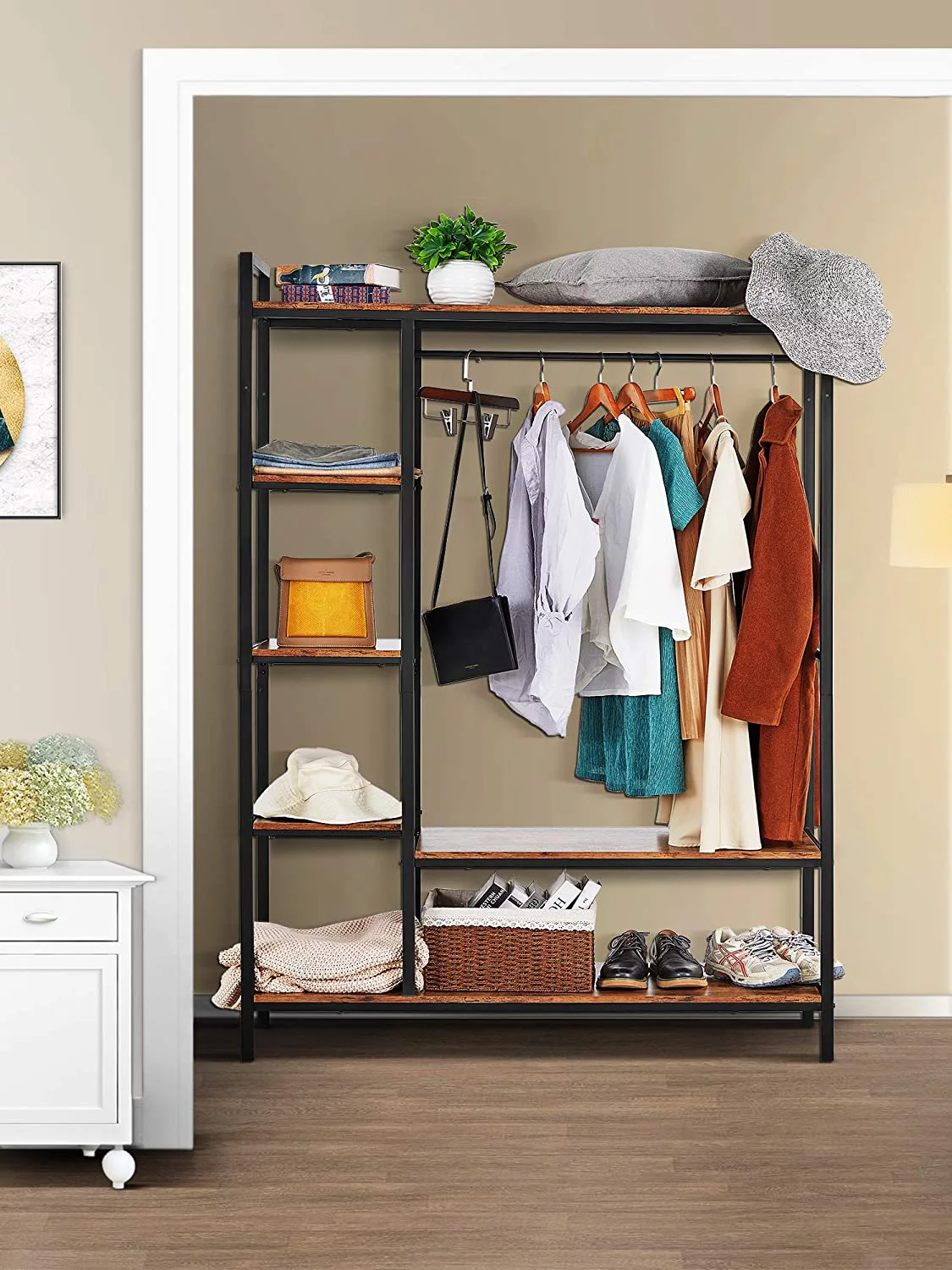 Homfa Clothes Rack, 47.24'' Wardrobe Closet, Freestanding Garment Rack with Shelves, Brown