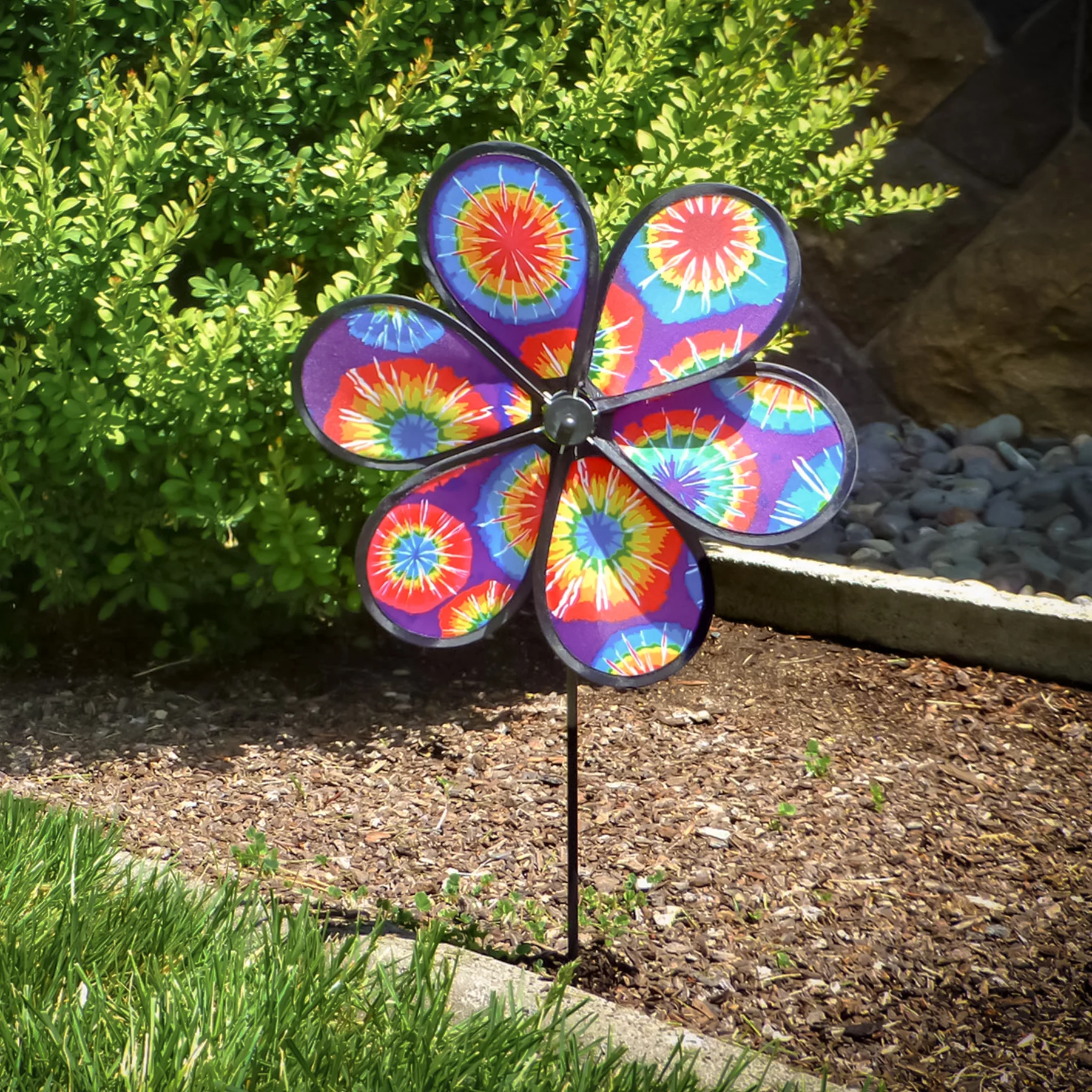 In the Breeze 2887 — 6-Petal Tie Dye Flower Wind Spinner, 12-Inch — Colorful Flower Spinner Decoration for the Yard and Garden